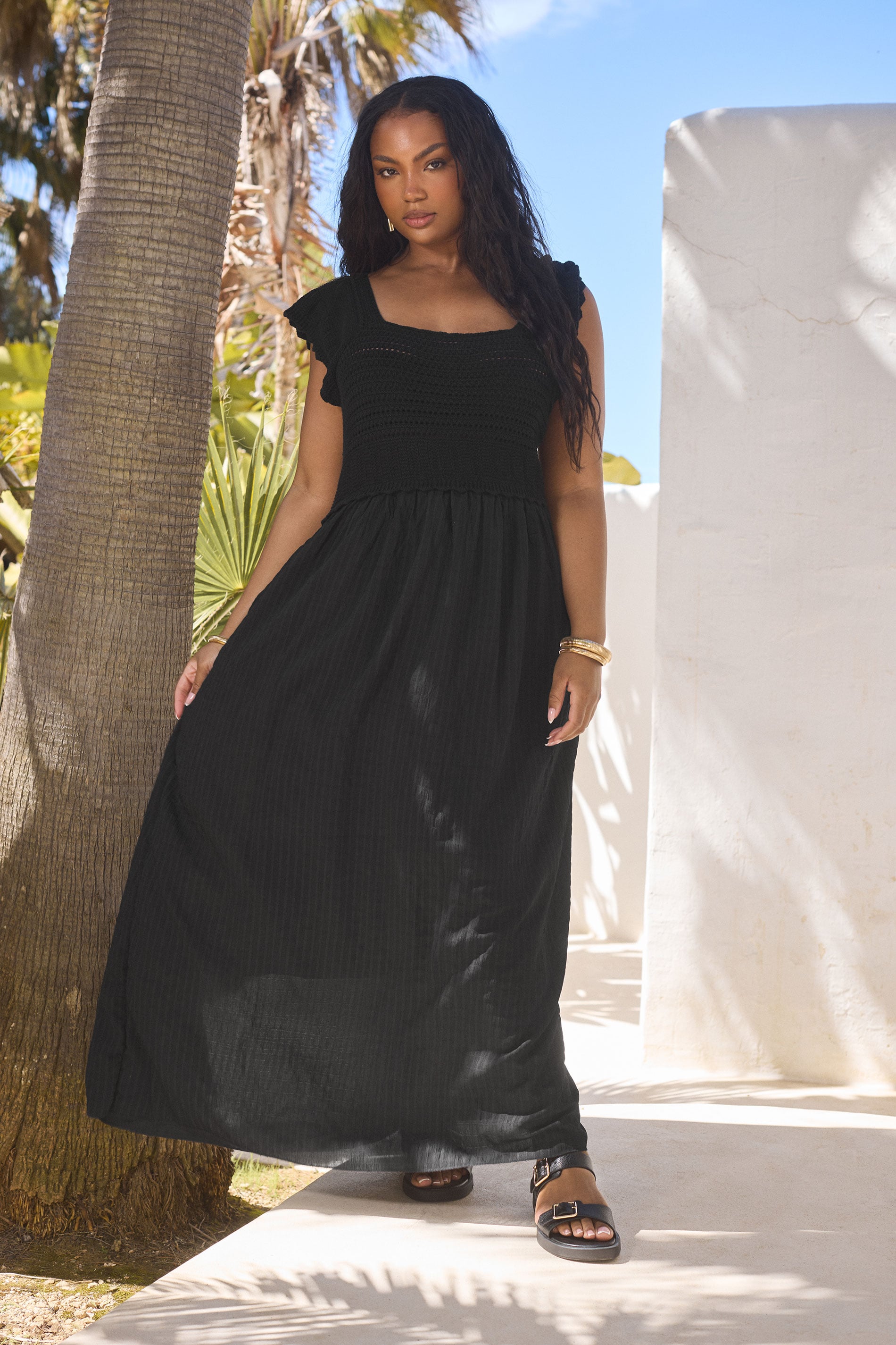 YOURS Plus Size Black Crochet Detail Woven Dress | Yours Clothing 3