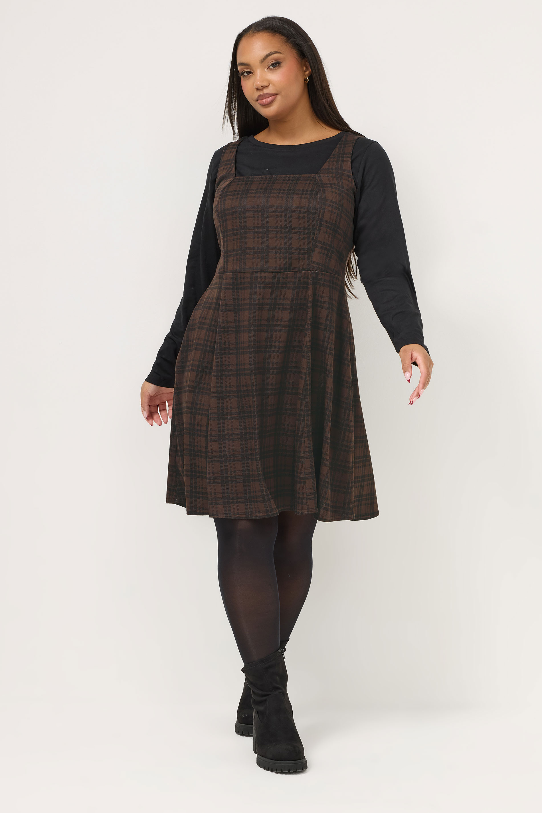 YOURS Plus Size Chocolate Brown Check Pinafore Dress | Yours Clothing 1