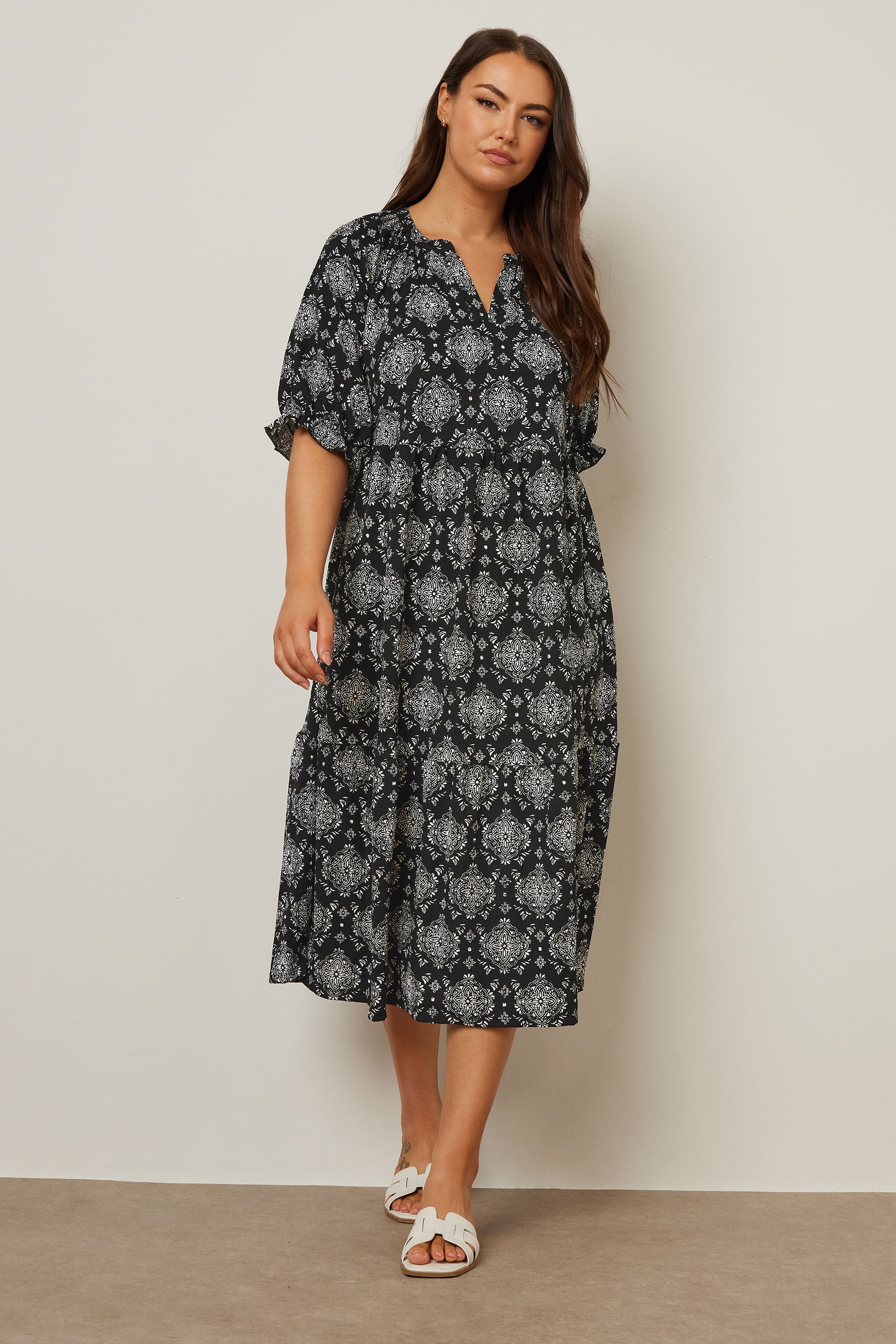 YOURS Plus Size Black Tile Print Tiered Midi Dress | Yours Clothing 1