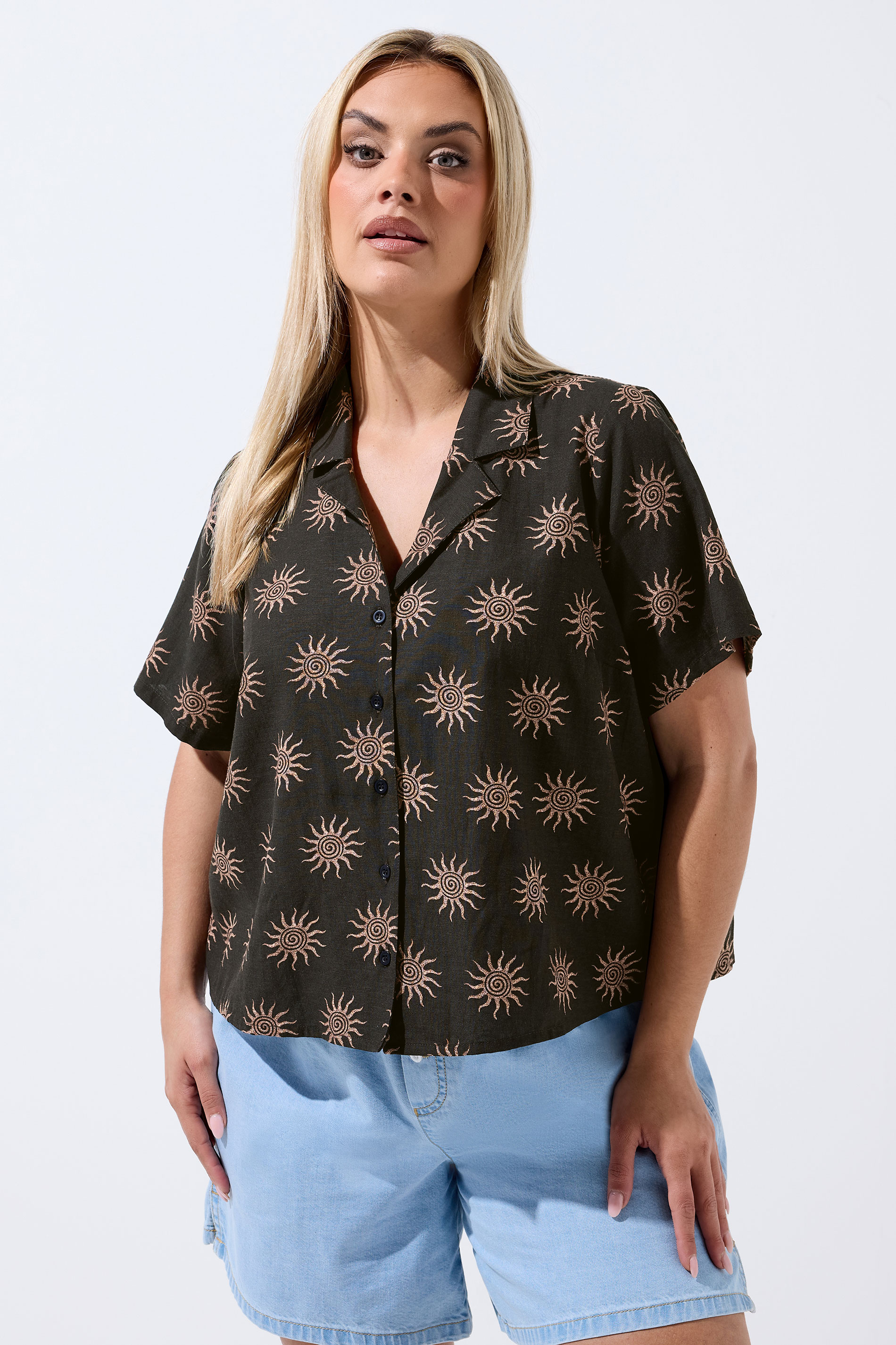 LIMITED COLLECTION Curve Dark Brown Sun Print Linen Boxy Shirt | Yours Clothing 3
