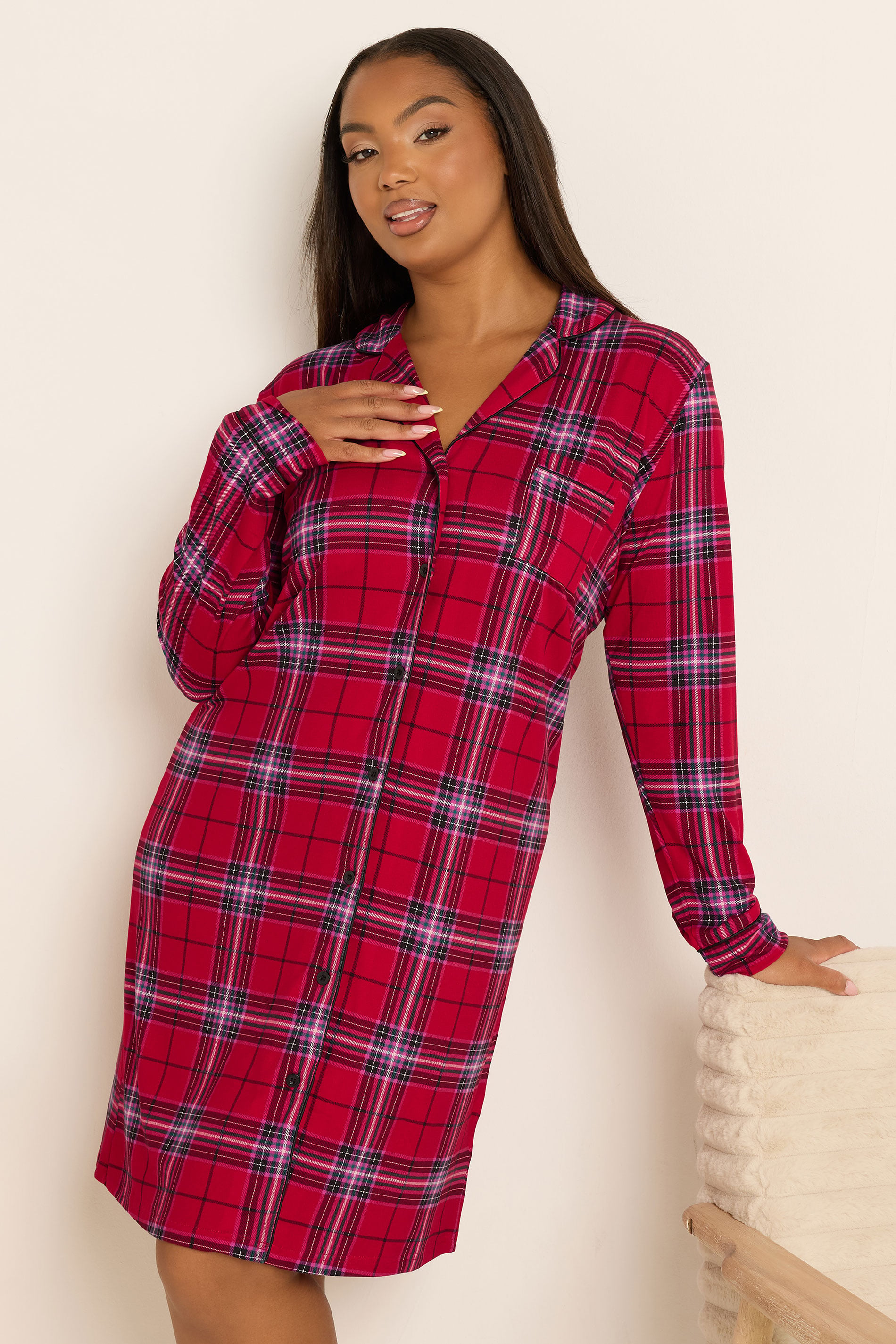 YOURS Plus Size Red Check Button Through Soft Touch Nightdress | Yours Clothing 1
