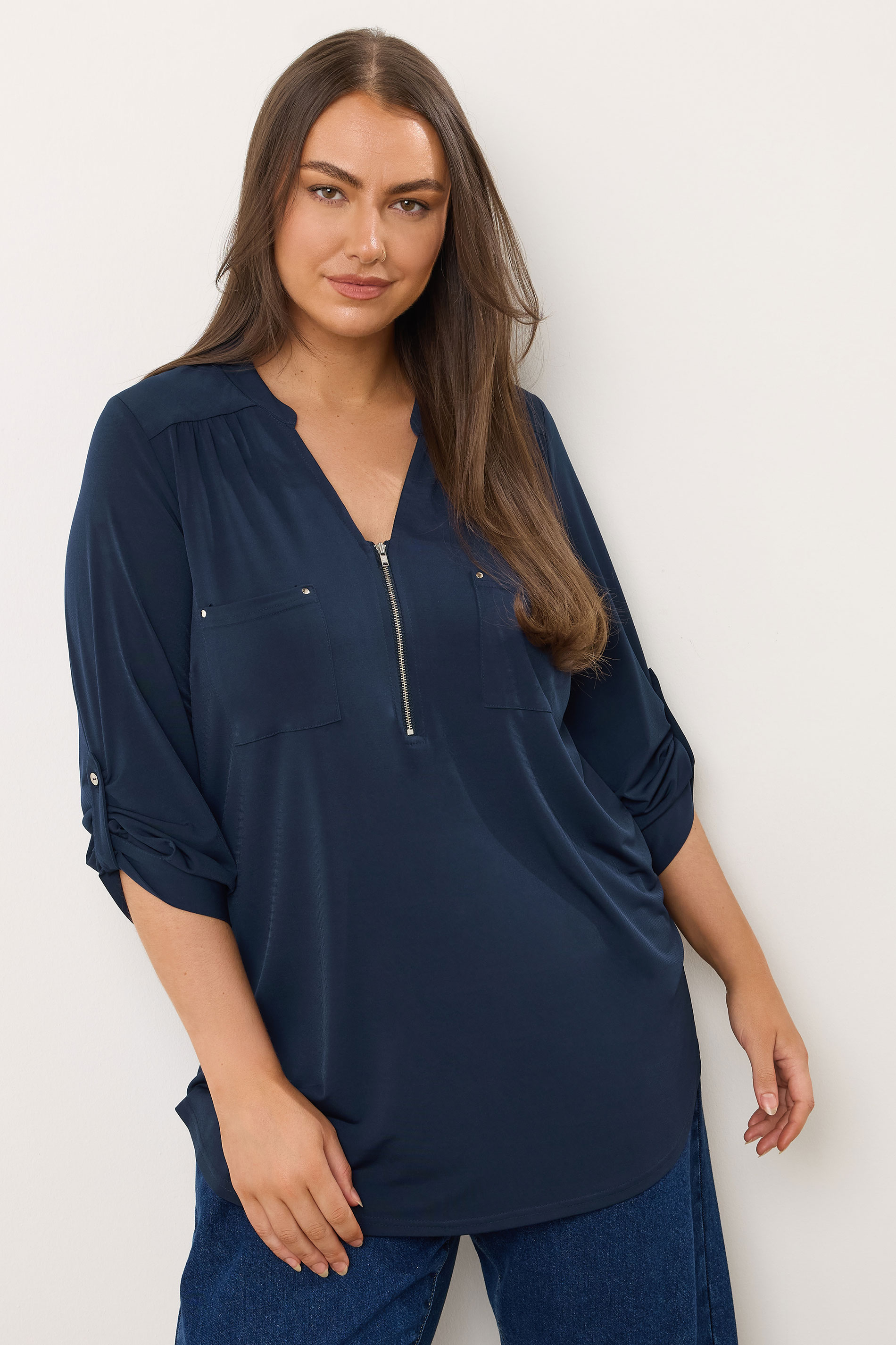 Evans Women's Blue Plus Navy Zip Front Jersey Blouse Size 22-24