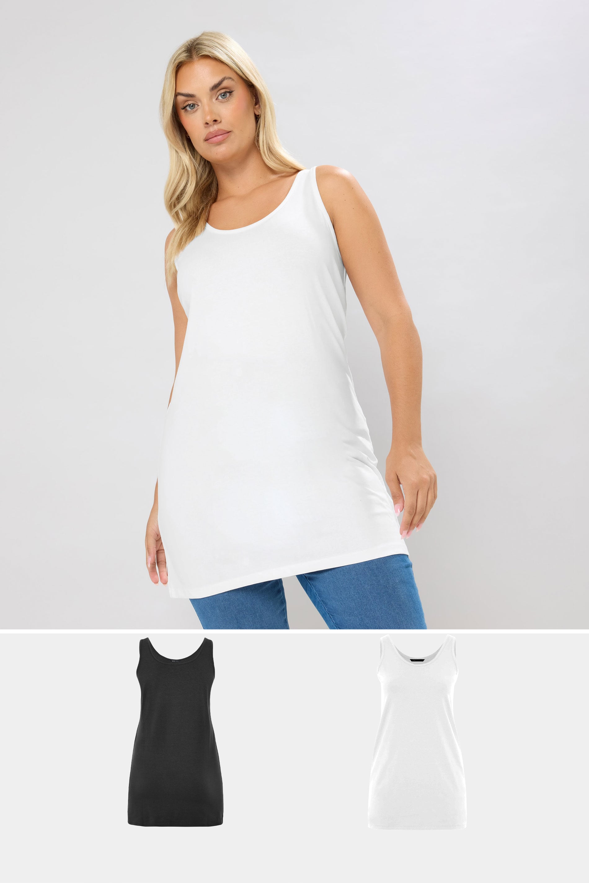 YOURS 2 PACK Plus Size Black & White Longline Vest Tops | Yours Clothing 1
