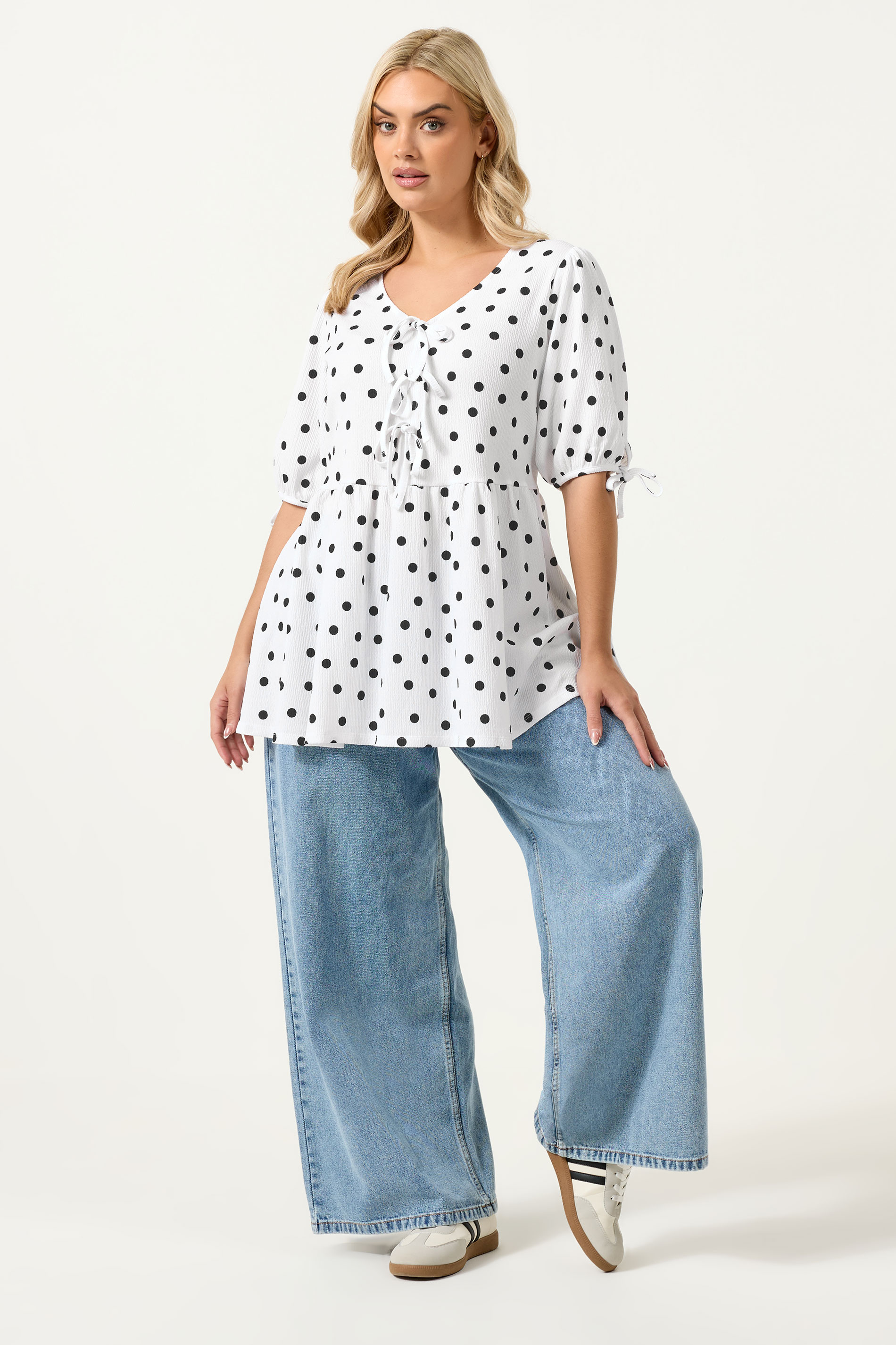 YOURS  Plus Size White Polka Dot Bow Front Peplum Top | Yours Clothing 2