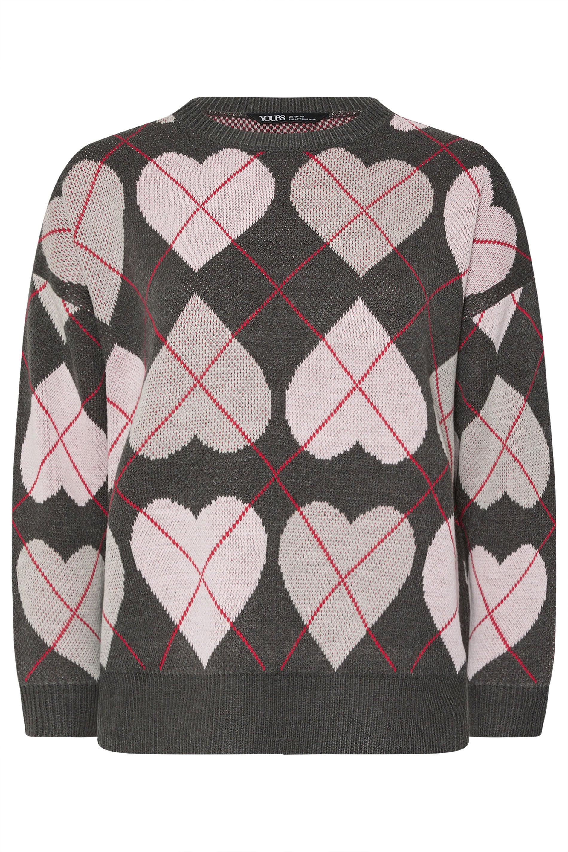 YOURS Plus Size Grey Argyle Heart Knit Jumper | Yours Clothing 5