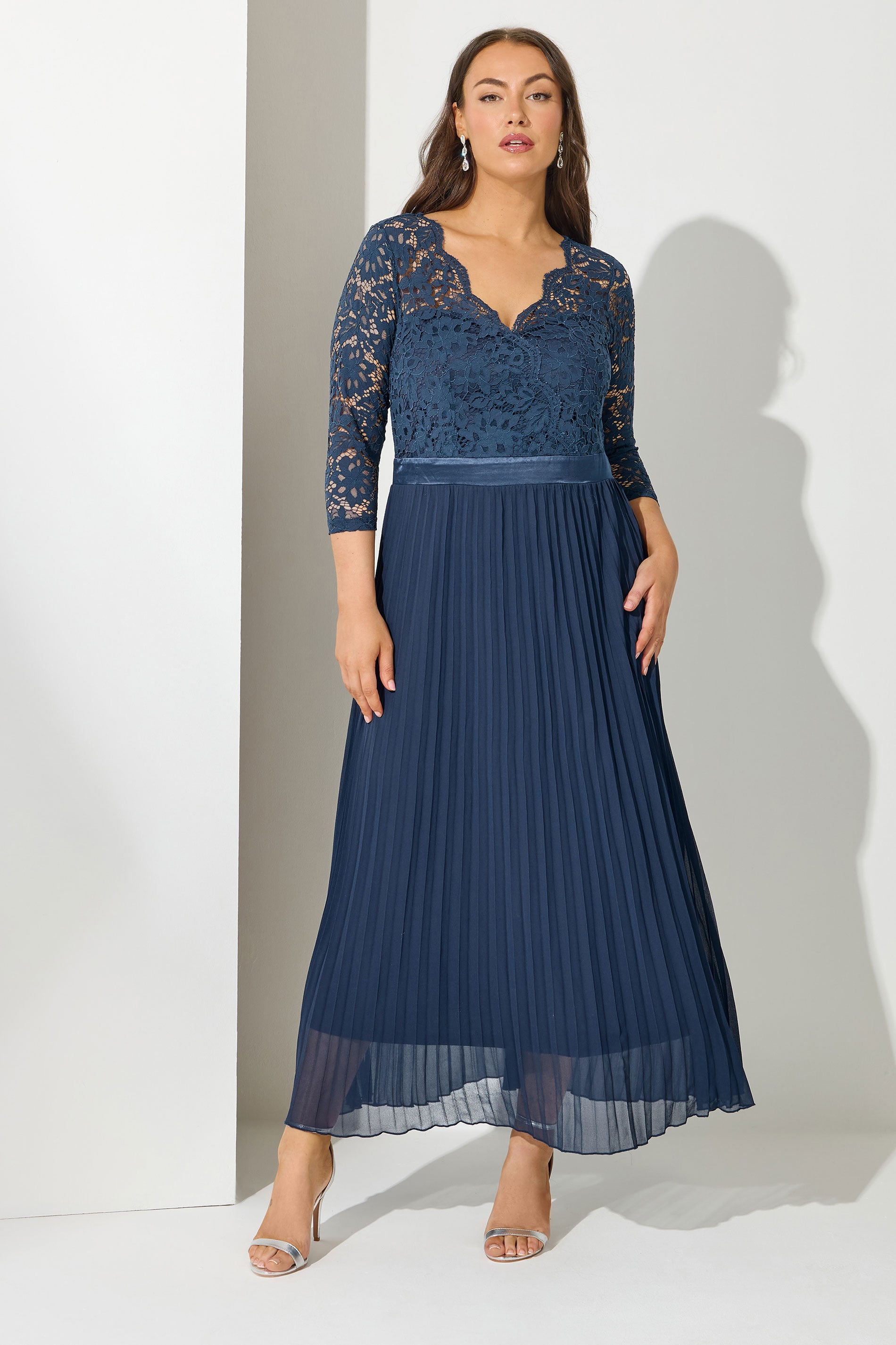 YOURS LONDON Plus Size Navy Blue Lace Wrap Pleated Maxi Dress | Yours Clothing 1
