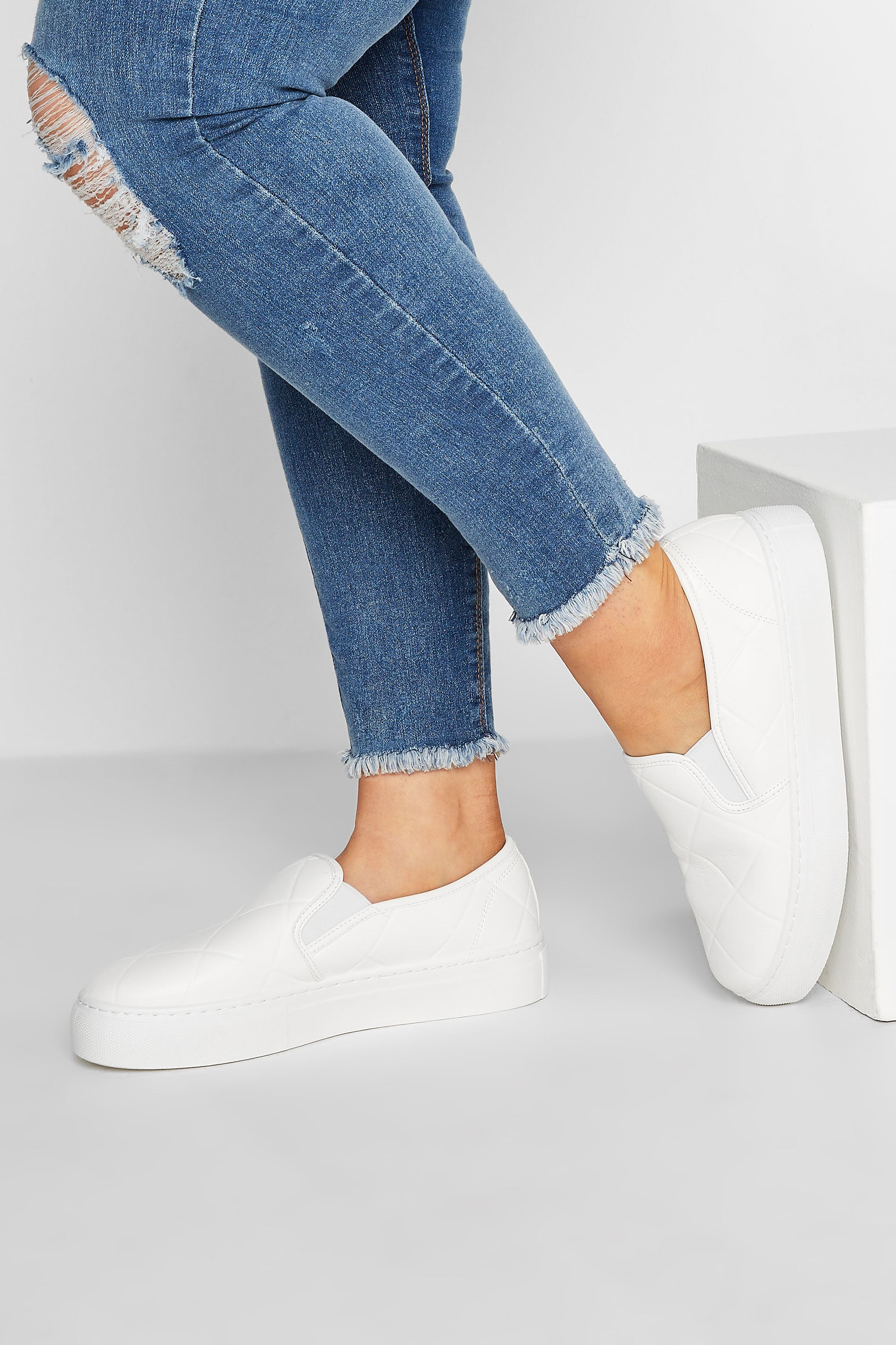 White Quilted Slip-On Trainers In Extra Wide Fit 3