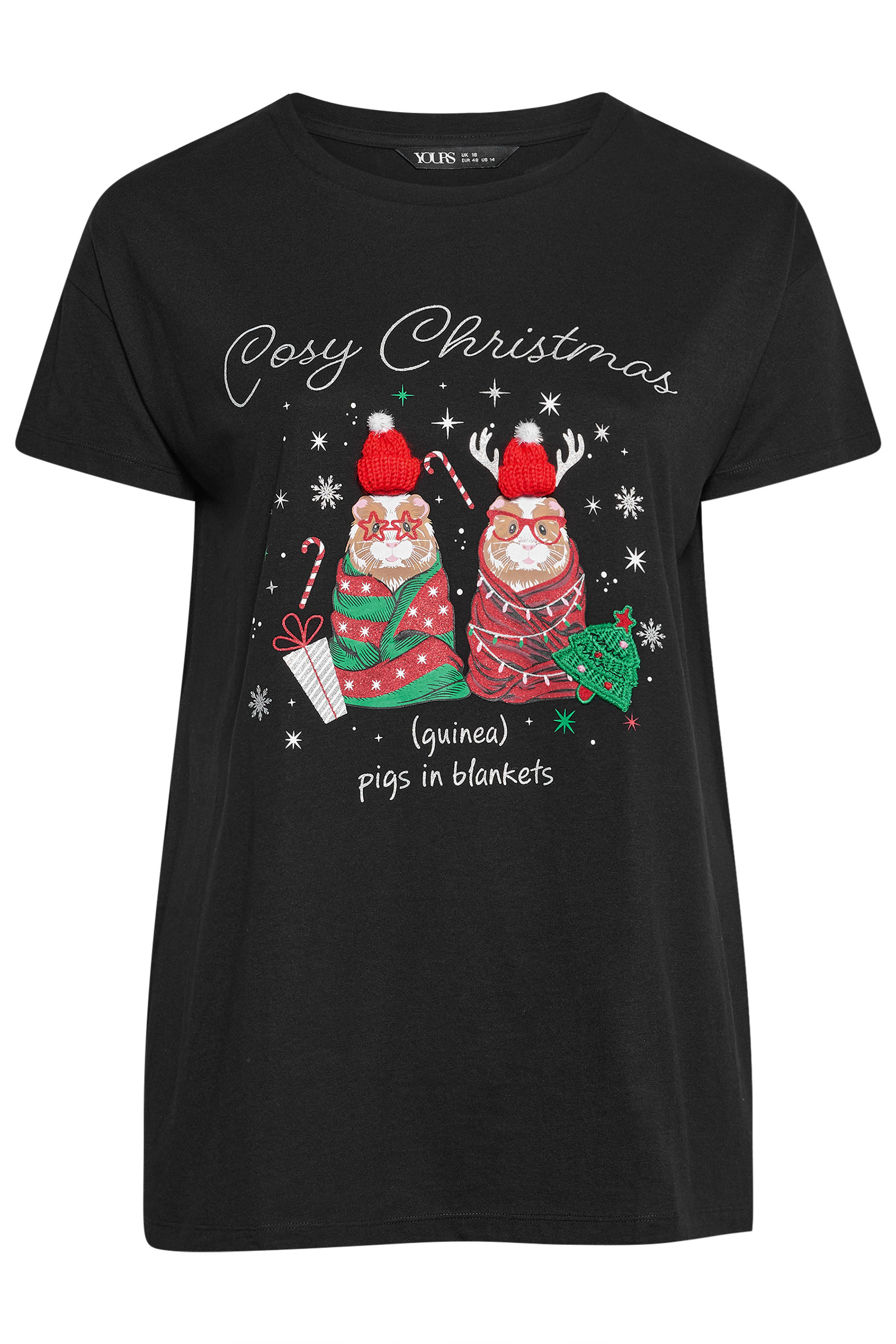 YOURS Plus Size Black Glitter 'Cosy Christmas' Guinea Pig Novelty T-Shirt | Yours Clothing 6