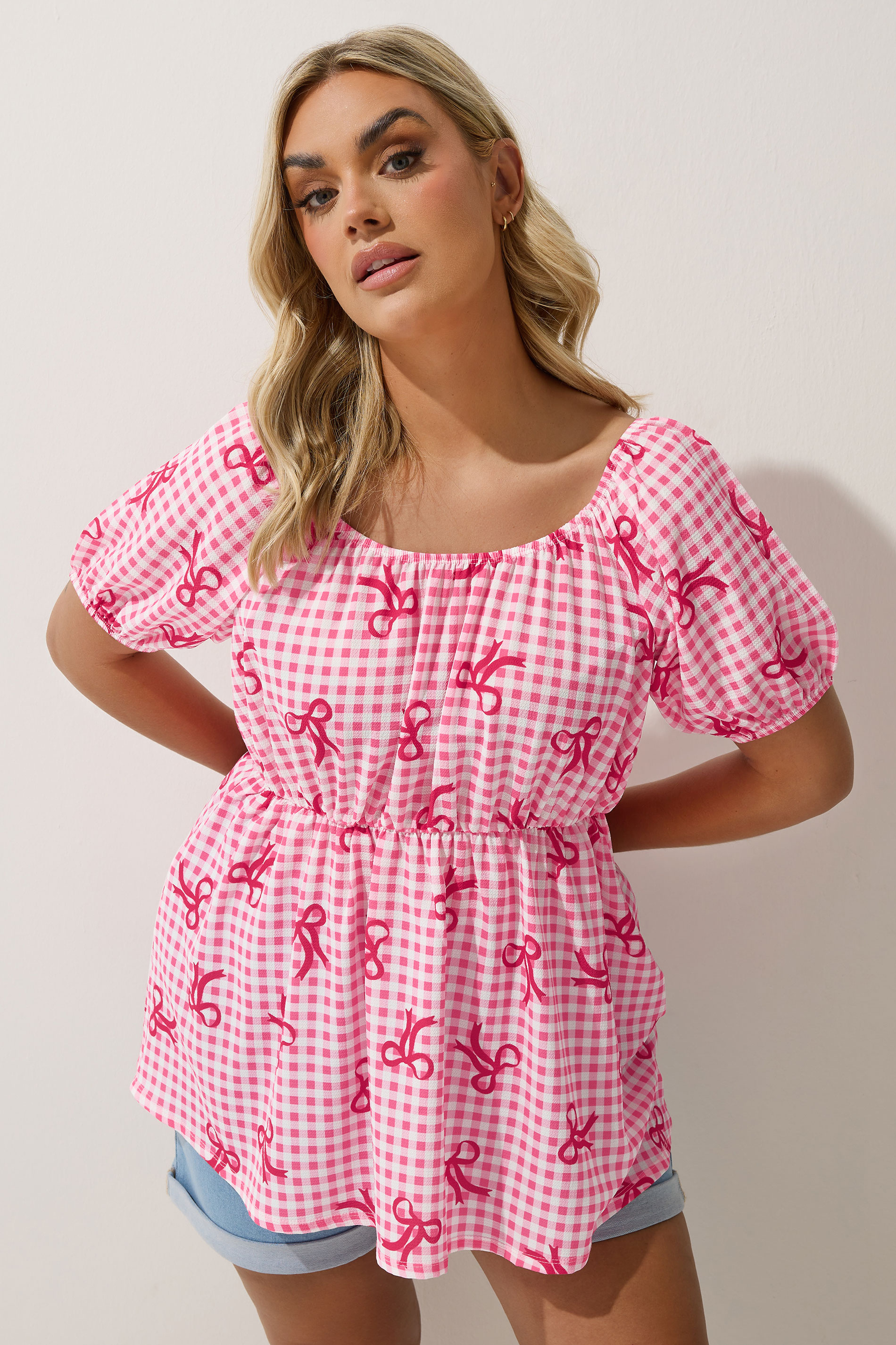 LIMITED COLLECTION Plus Size Pink Gingham Bow Print Puff Sleeve Top | Yours Clothing 2