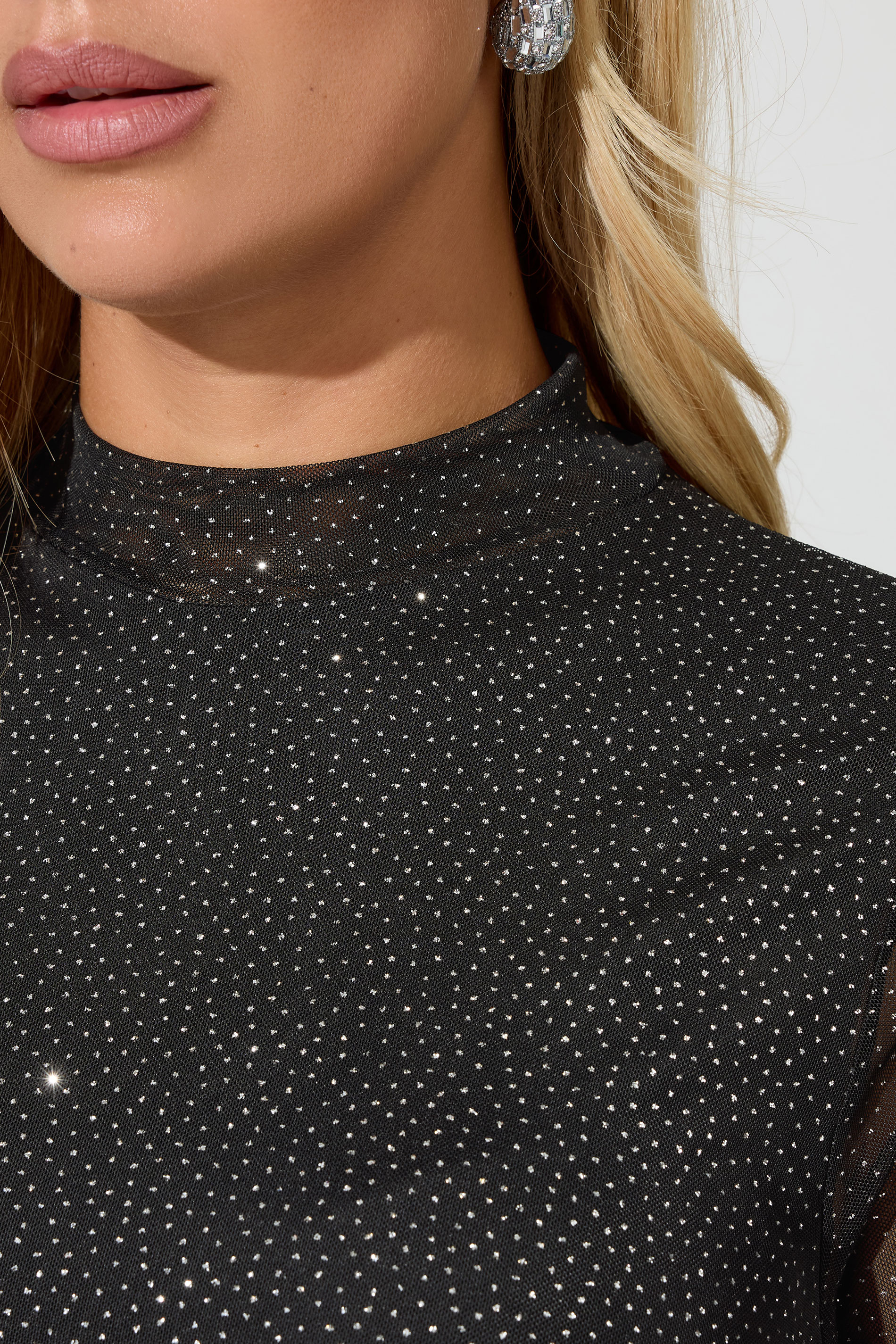 YOURS LONDON Plus Size Black Glitter Long Sleeve Mesh Top | Yours Clothing 5