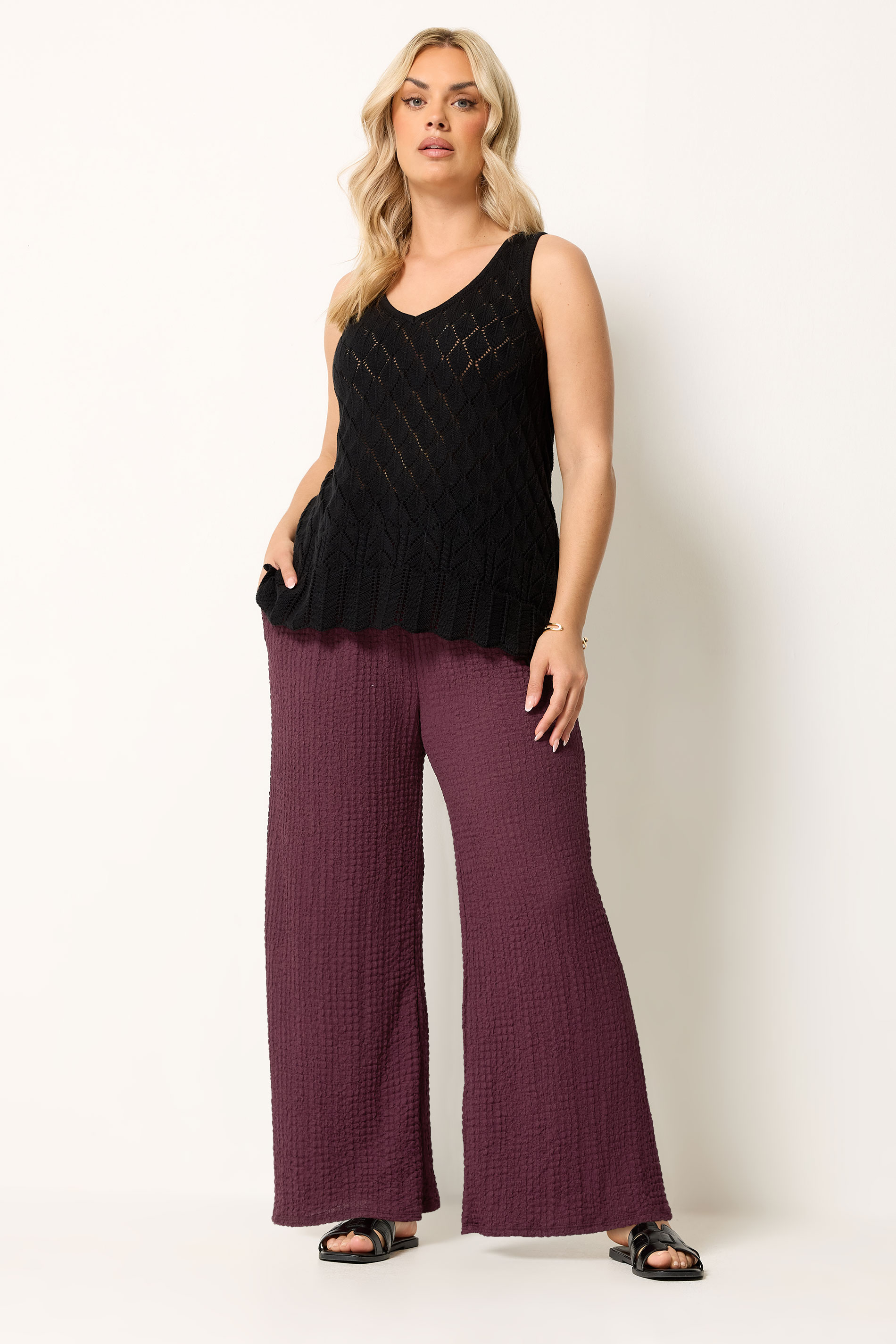 YOURS Plus Size Burgundy Red Bubble Textured Trousers | Yours Clothing 3