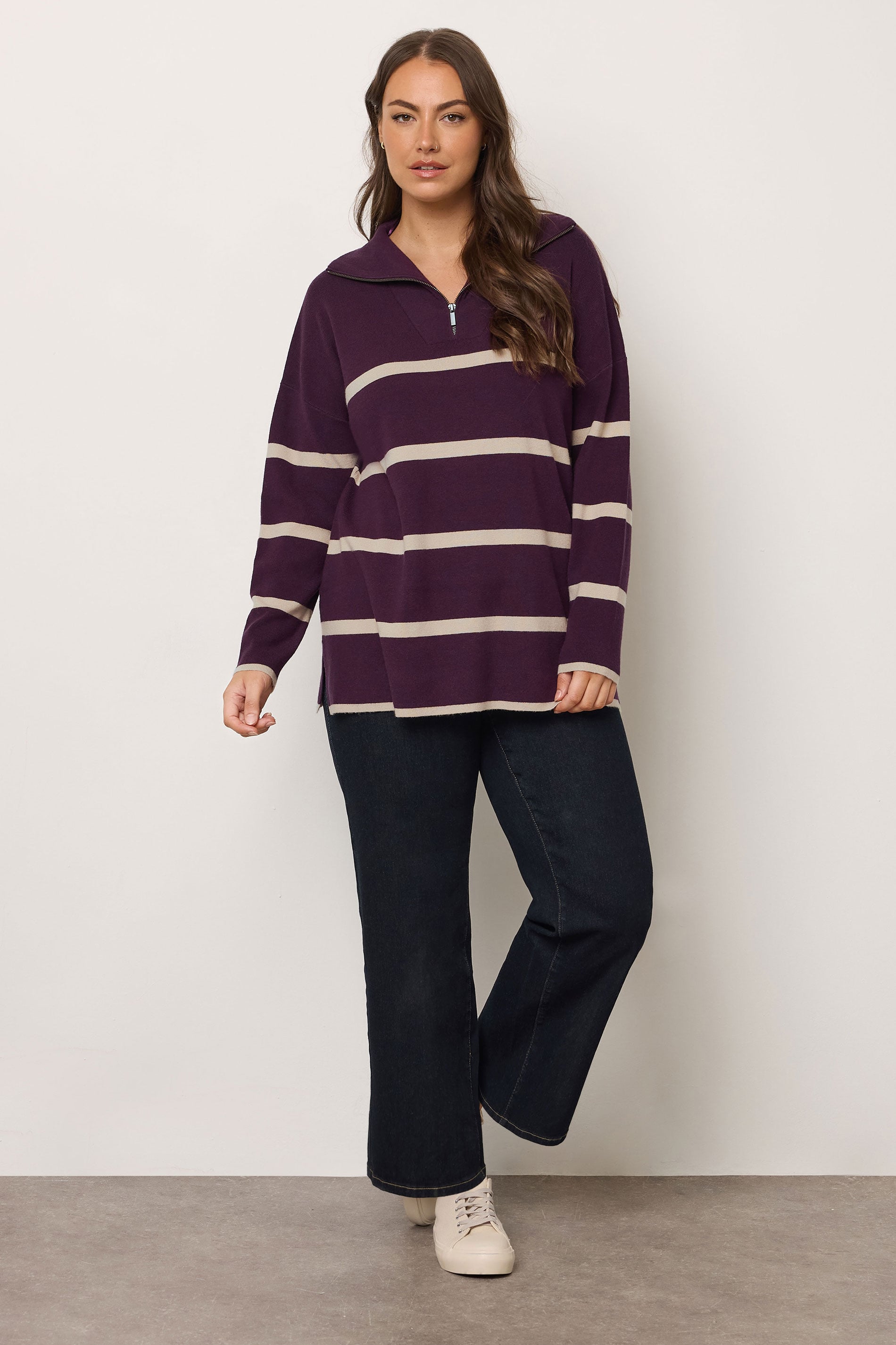 EVANS Plus Size Purple & White Stripe Quarter Zip Jumper | Evans  4