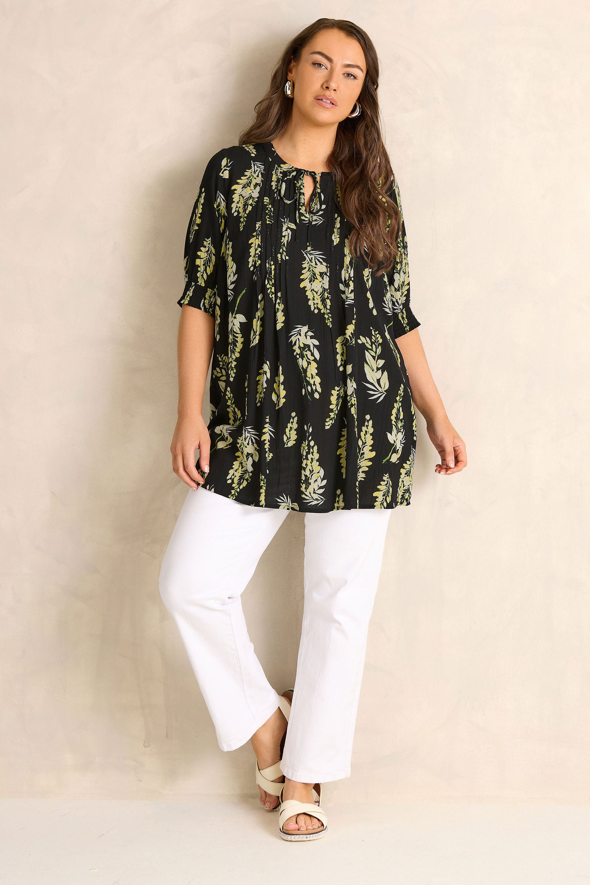 EVANS Plus Size Black Floral Print Pintuck Tie Neck Blouse | Evans 1