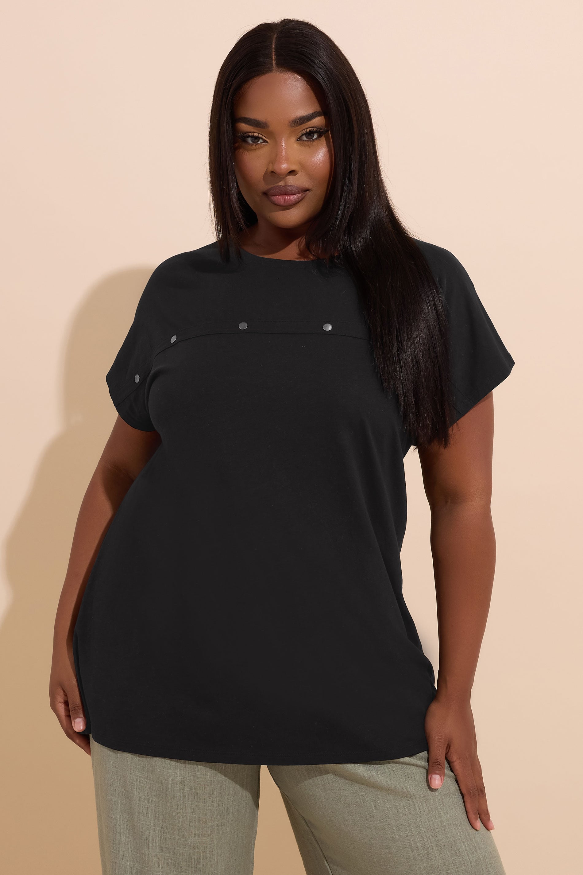 YOURS Plus Size Black Cotton Stud Detail T-Shirt | Yours Clothing 3