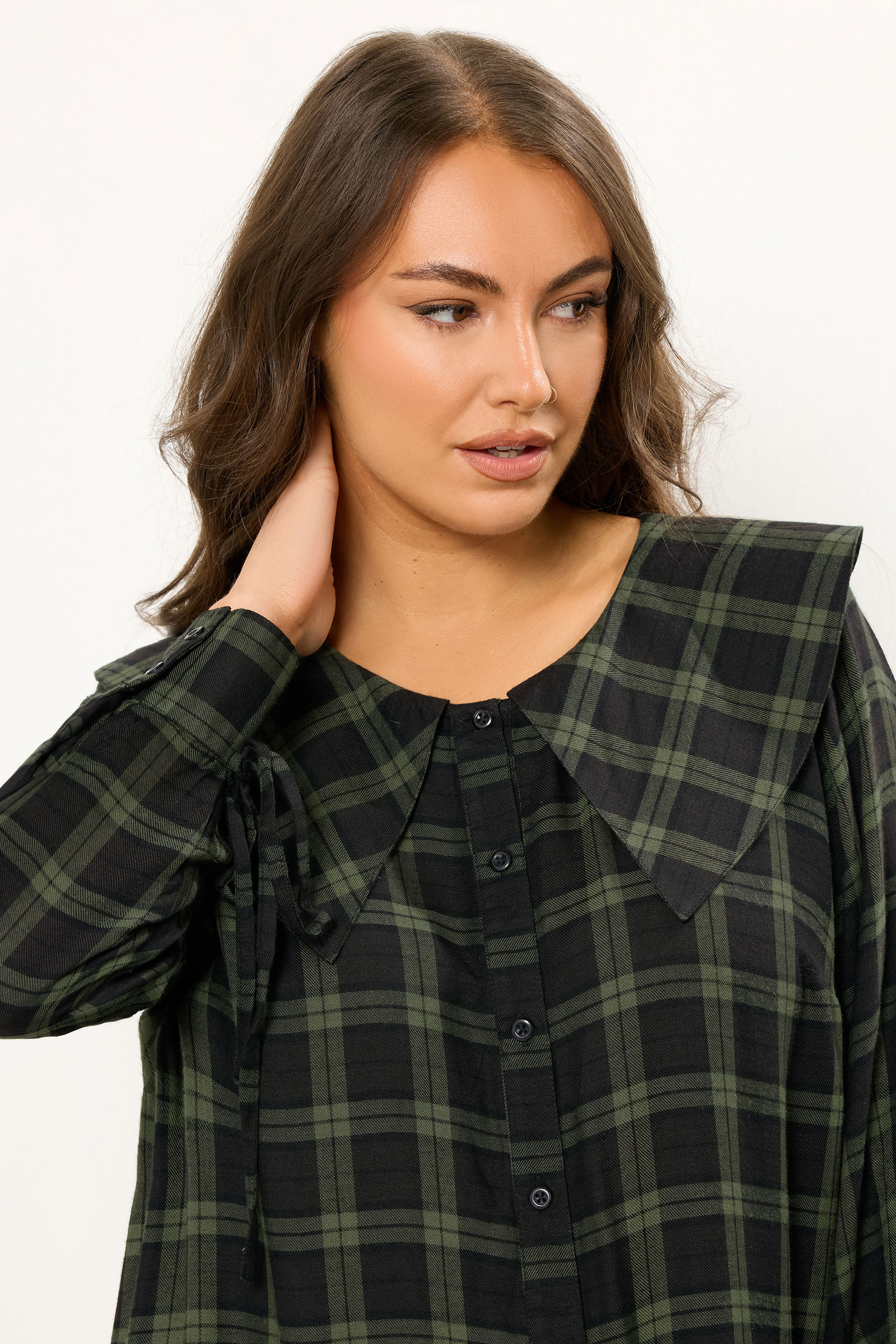 YOURS Plus Size Khaki Green Check Collar Mini Dress | Yours Clothing 5