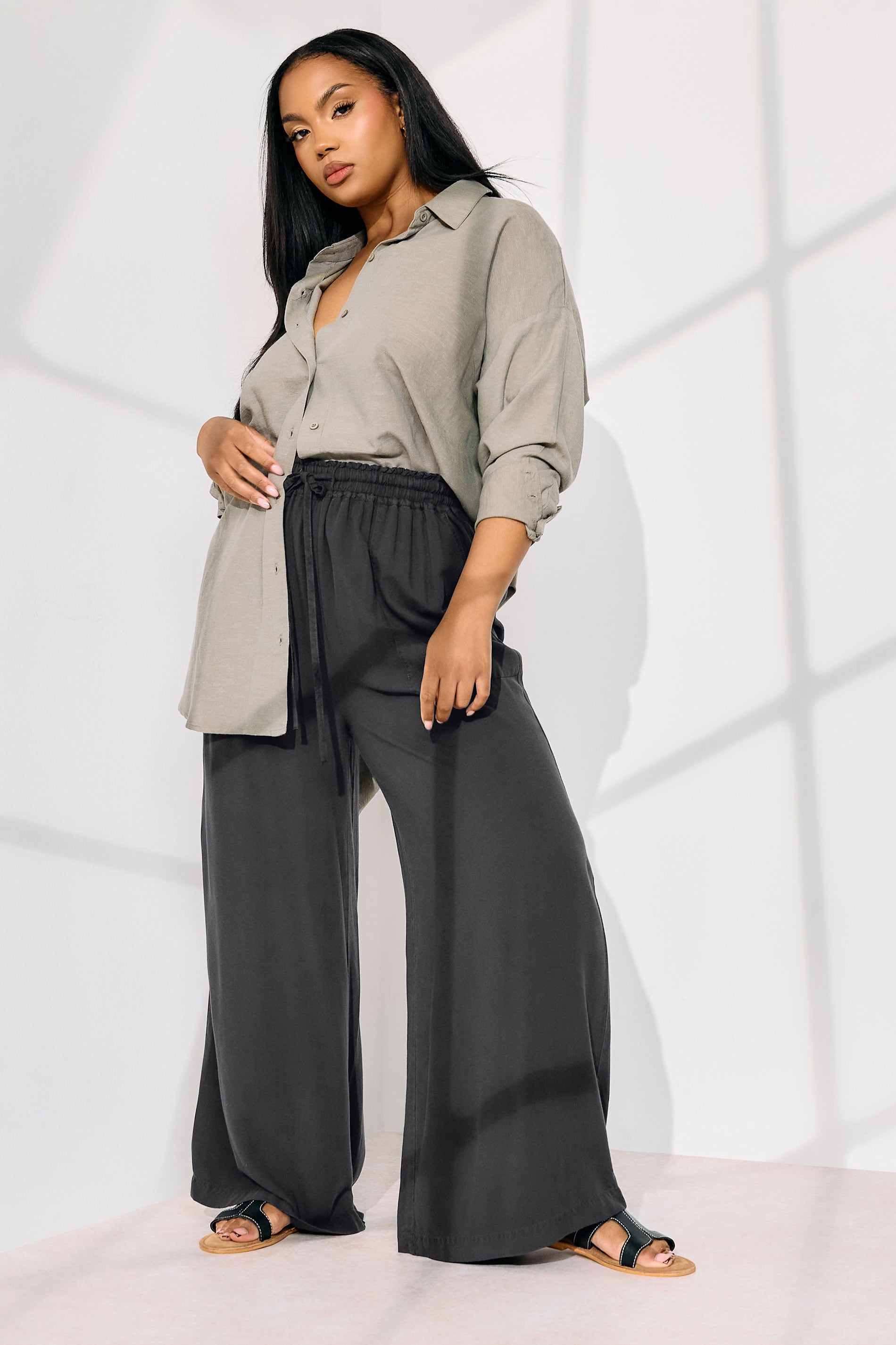 YOURS Plus Size Black Chambray Tie Front Wide Leg Trousers | Yours Clothing 3
