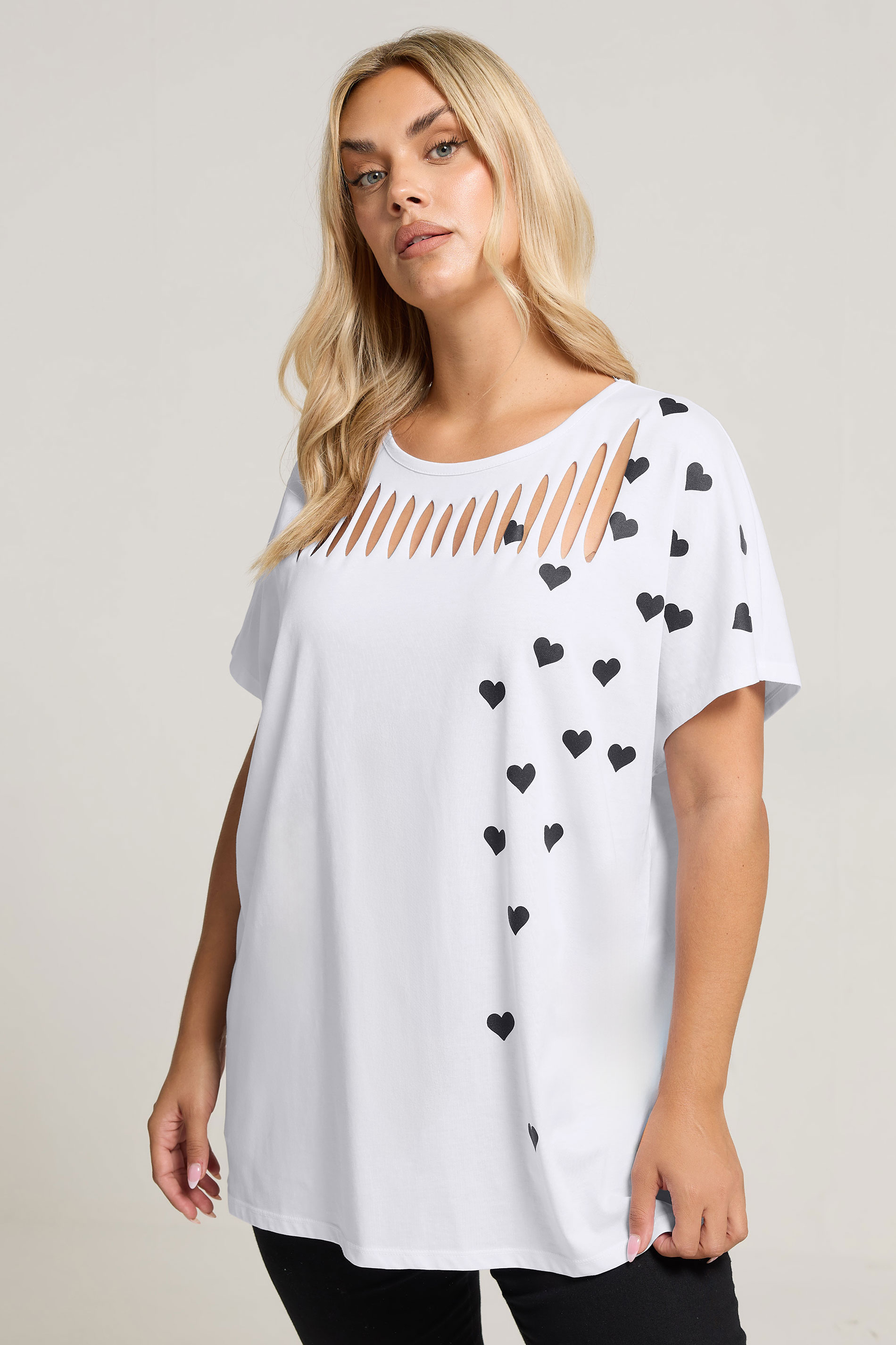 YOURS Plus Size White Printed Heart Slash Detail Top | Yours Clothing 3