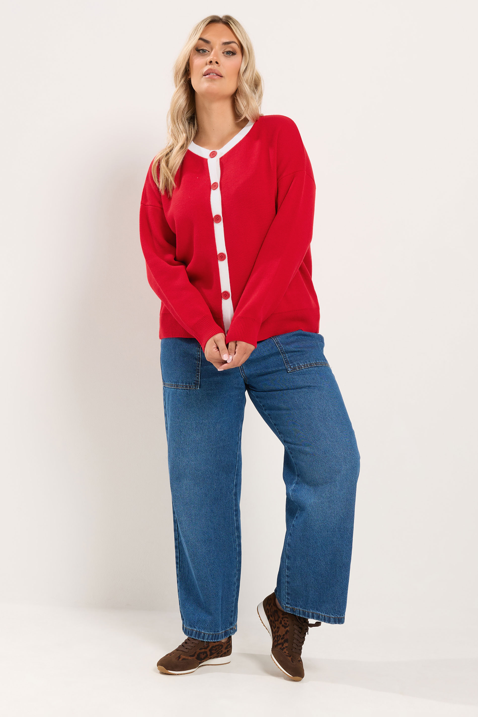 YOURS Plus Size Red Contrast Knitted Cardigan | Yours Clothing 1