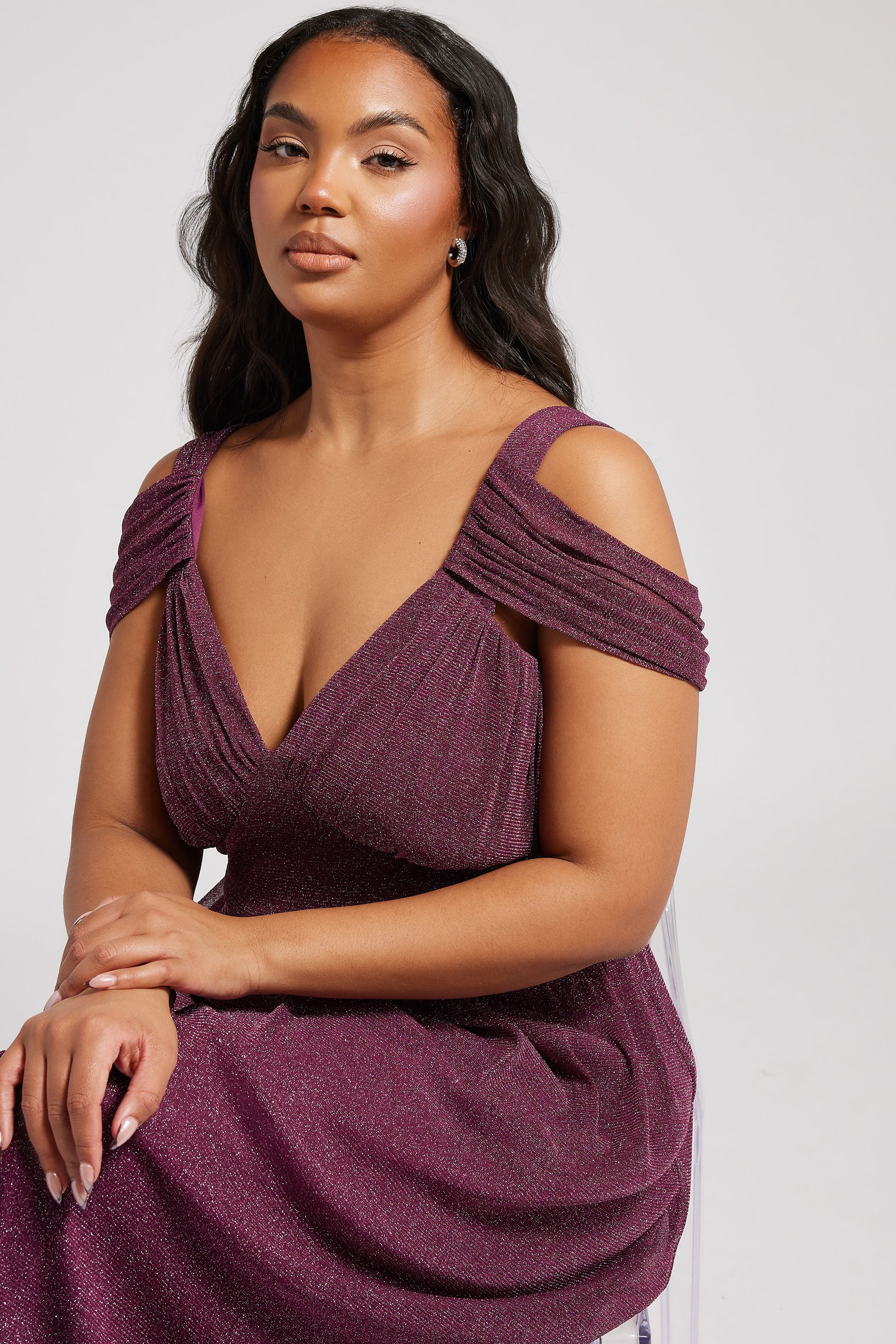 YOURS LONDON Plus Size Purple Metallic Cold Shoulder Maxi Dress | Yours Clothing 4