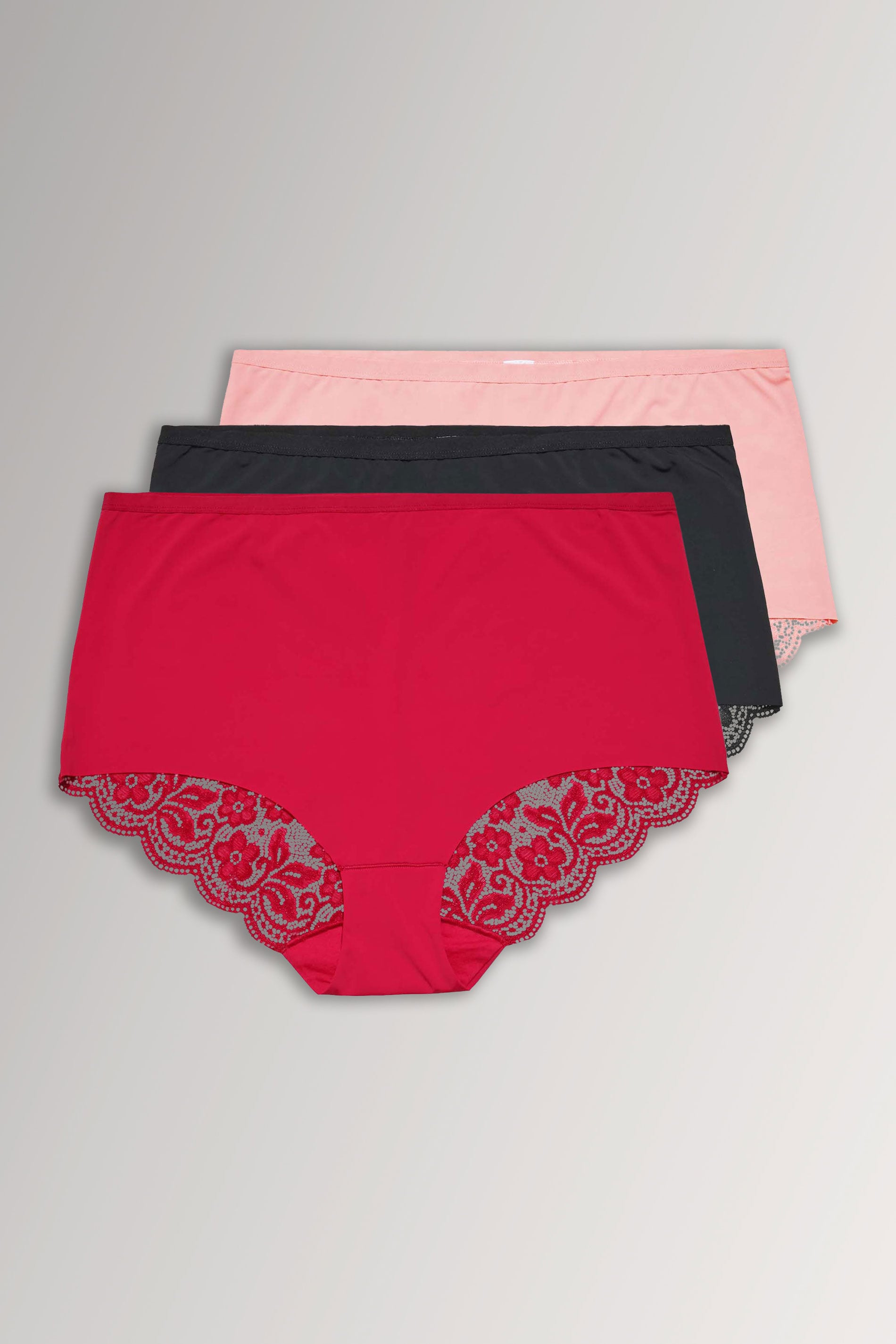 YOURSET 3 PACK Plus Size Red & Black Lace Back High Waisted Knickers | Yours Clothing 3