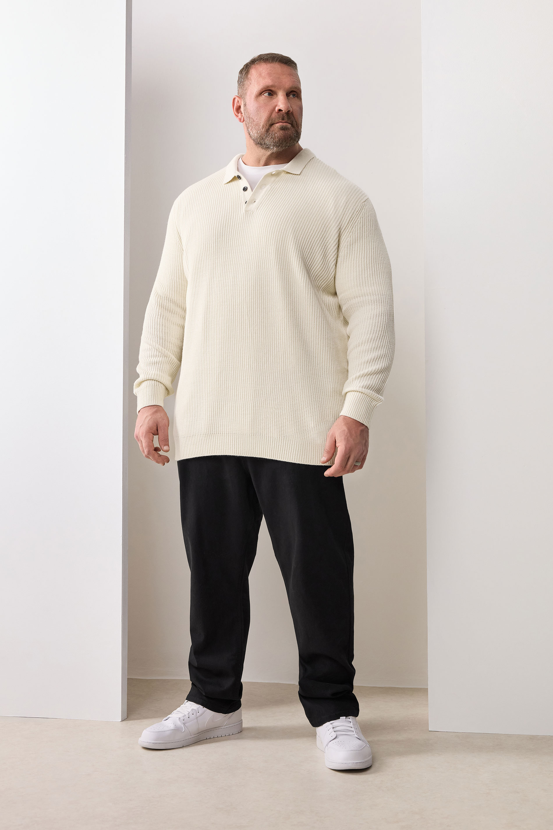 BadRhino Big & Tall Natural Brown Chunky Knit Collared Jumper | BadRhino 3