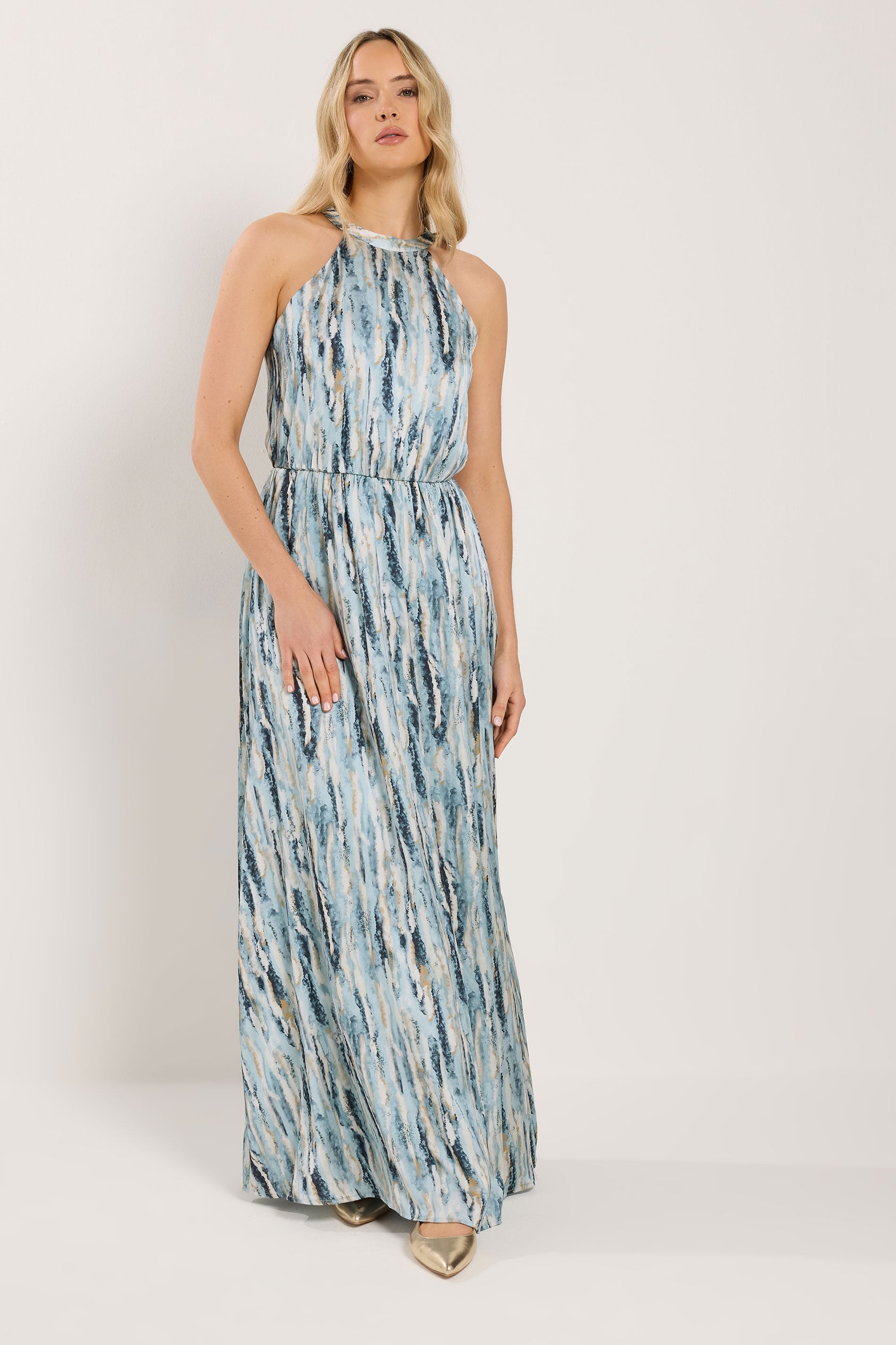 LTS Tall Women's Blue Abstract Satin Halter Neck Dress | Long Tall Sally 1