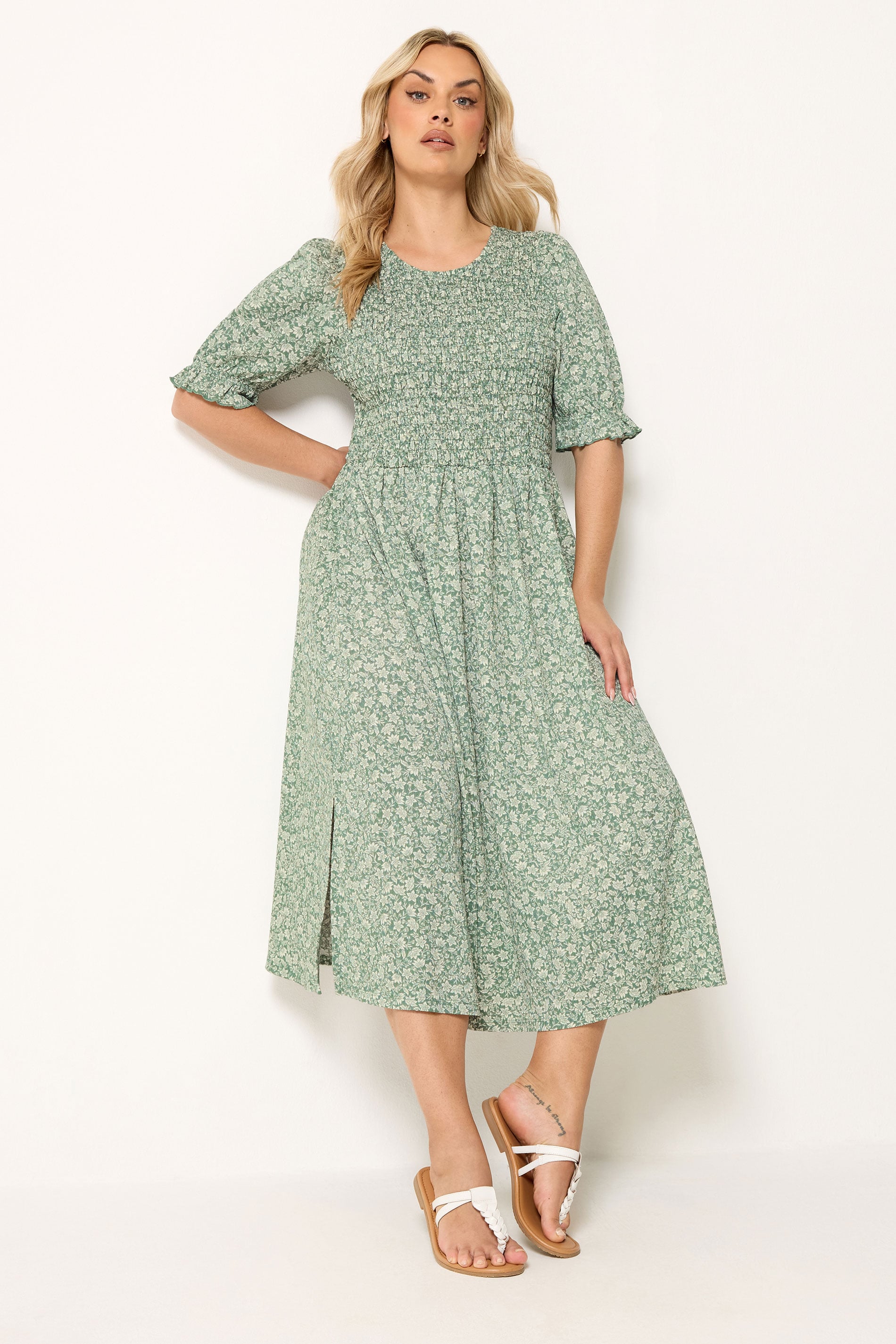 YOURS Plus Size Sage Green Shirred Ditsy Floral Dress | Yours Clothing 1