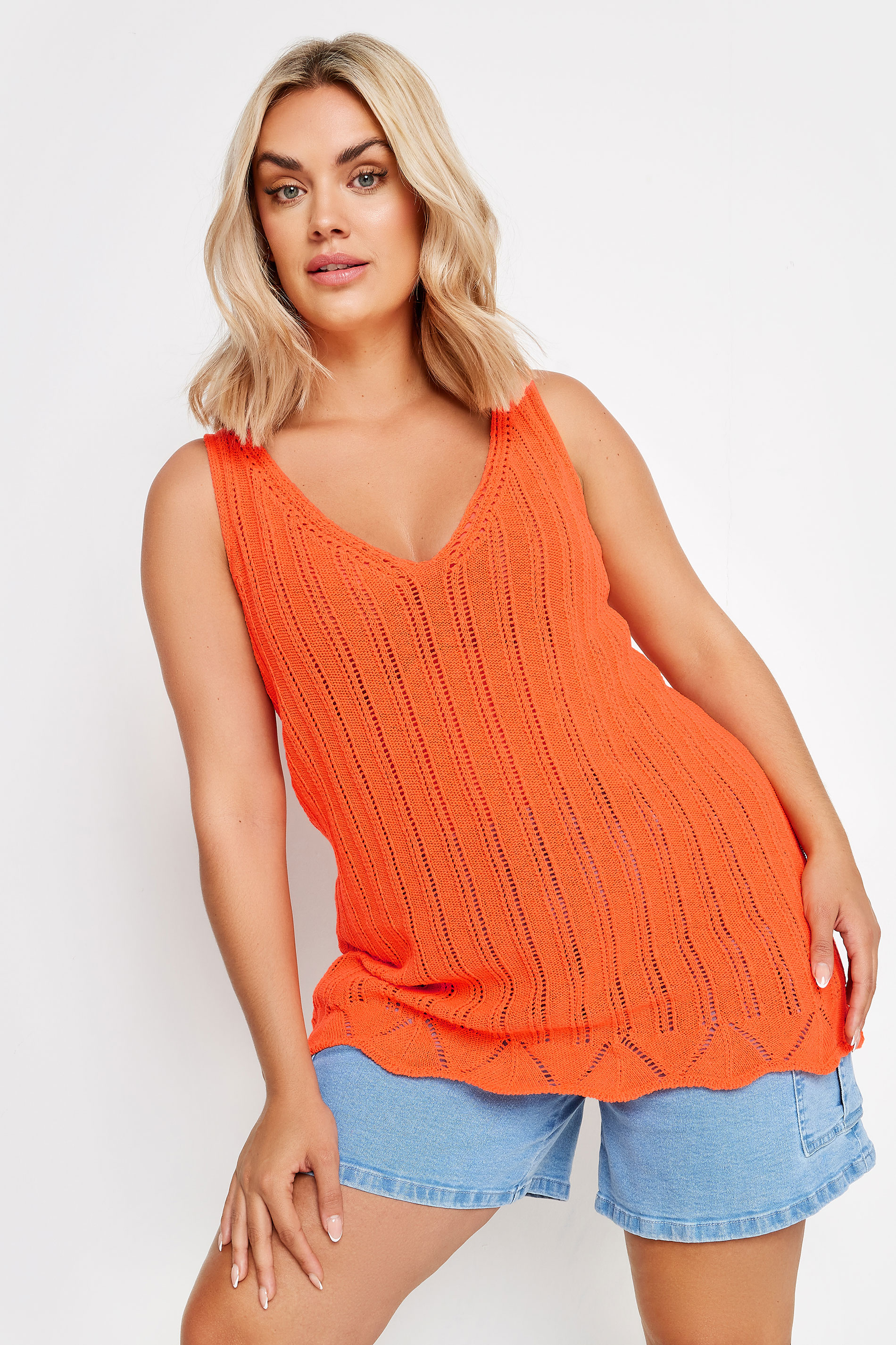 YOURS Plus Size Orange Crochet Knitted Vest Top | Yours Clothing 2