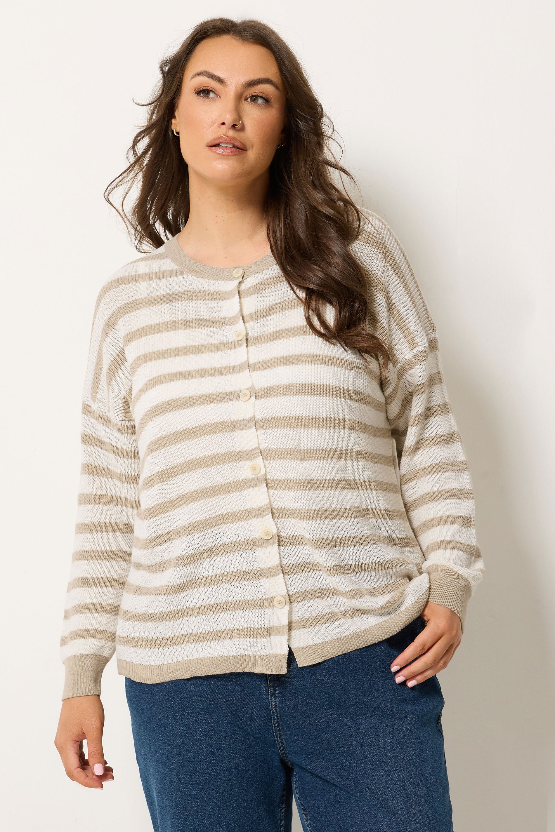 YOURS Plus Size Natural Brown Stripe Knitted Cardigan | Yours Clothing 3