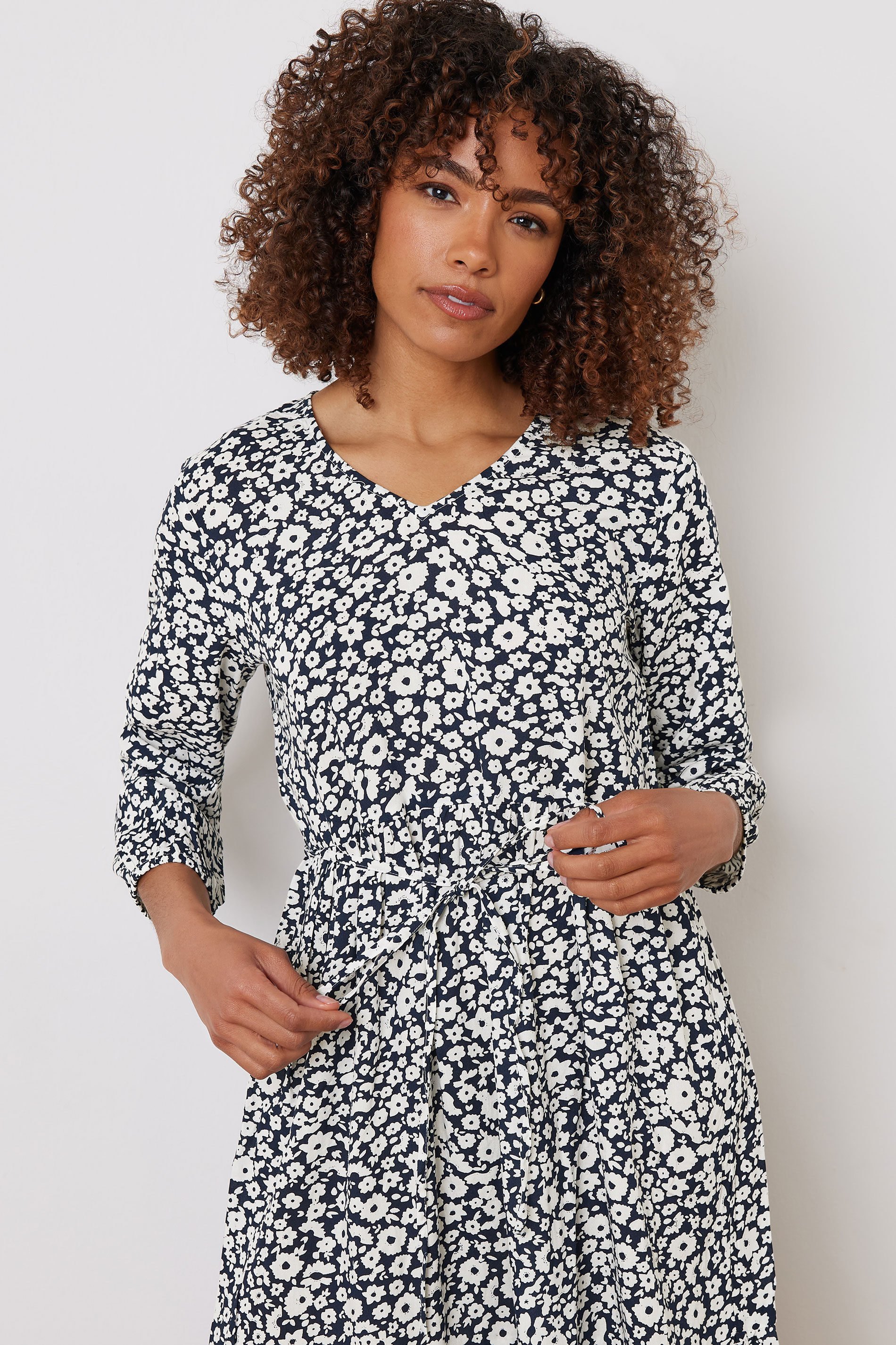 M&Co Navy Blue Floral Print Tiered Midi Dress | M&Co 6