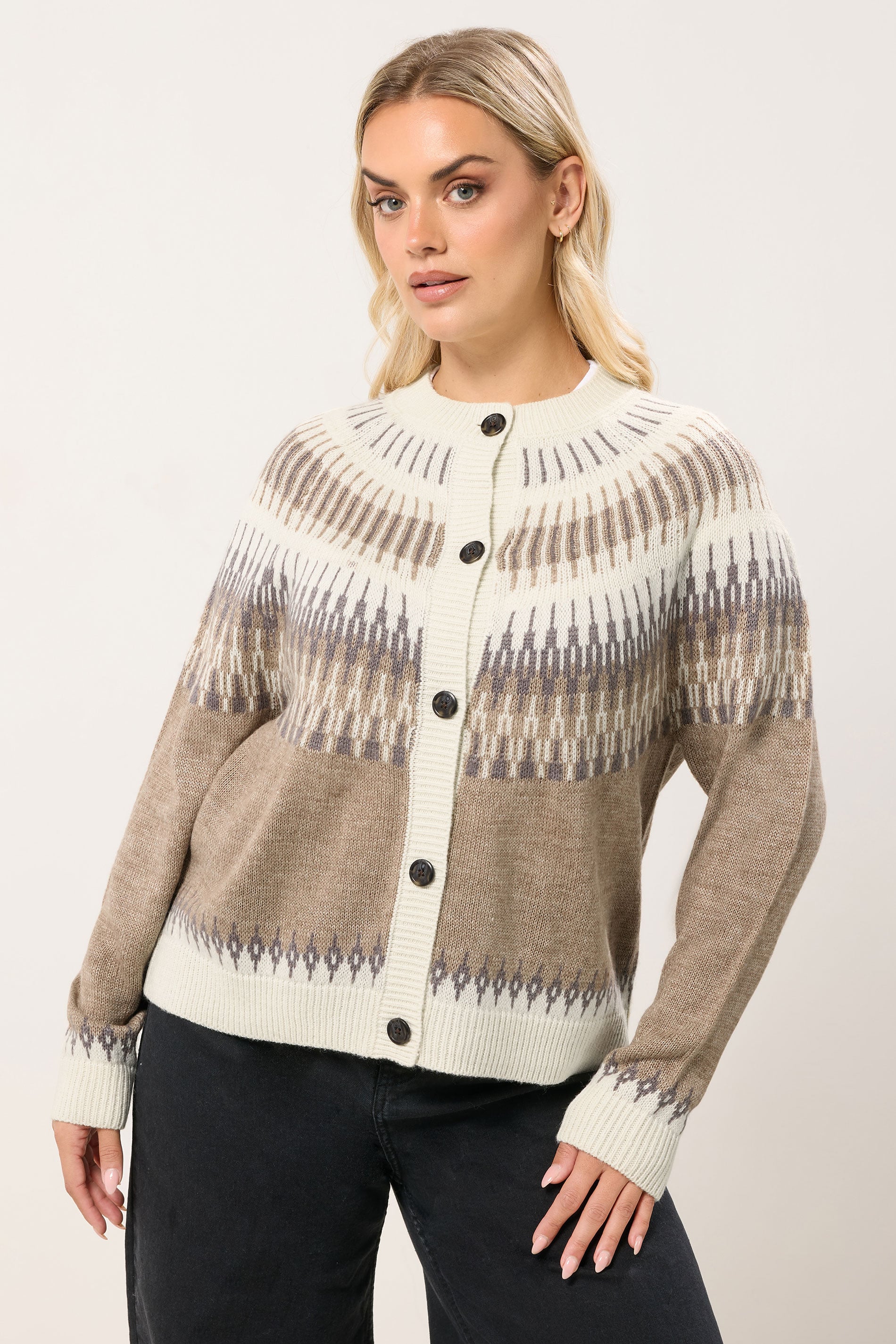 YOURS Plus Size Natural Brown Fairisle Knitted Cardigan | Yours Clothing 3