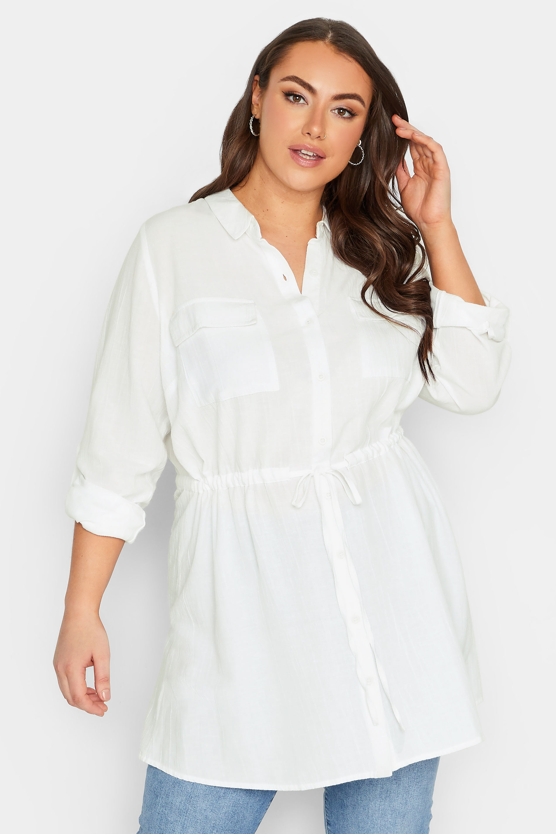YOURS Curve White Utility Tunic Linen Shirt | Yours Clothing  1