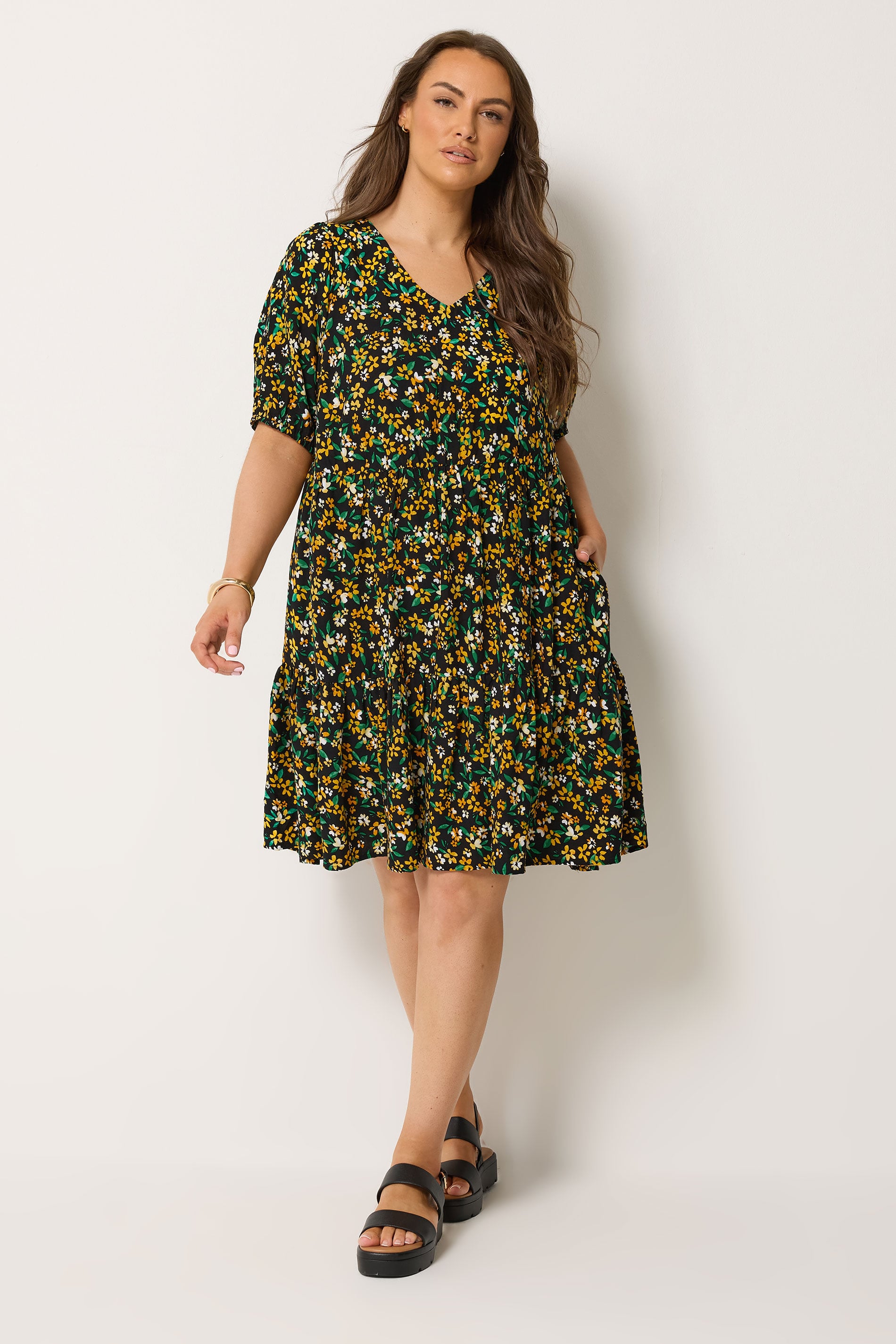 YOURS Plus Size Black Floral Tiered Mini Smock Dress | Yours Clothing 1