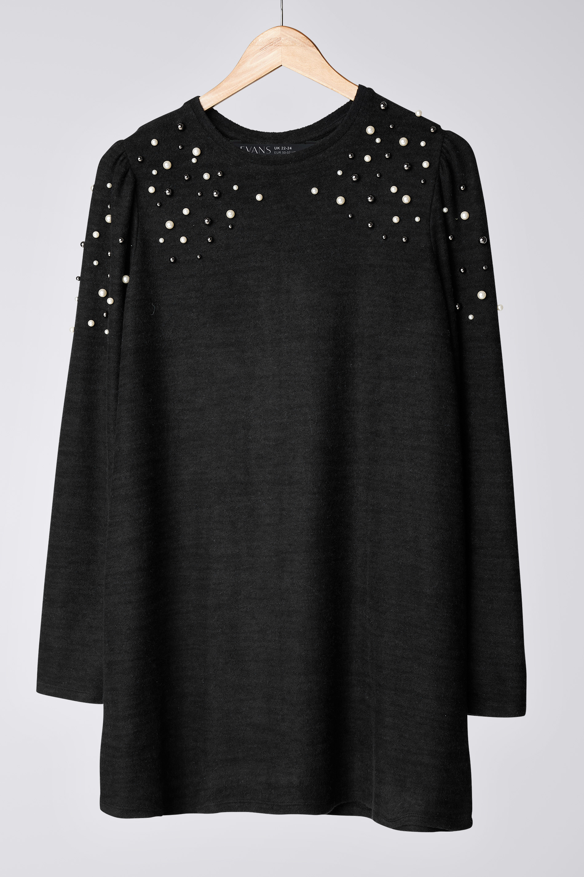 Pearl Embellished Open Sleeve Ribbed Sweater Tunic Black