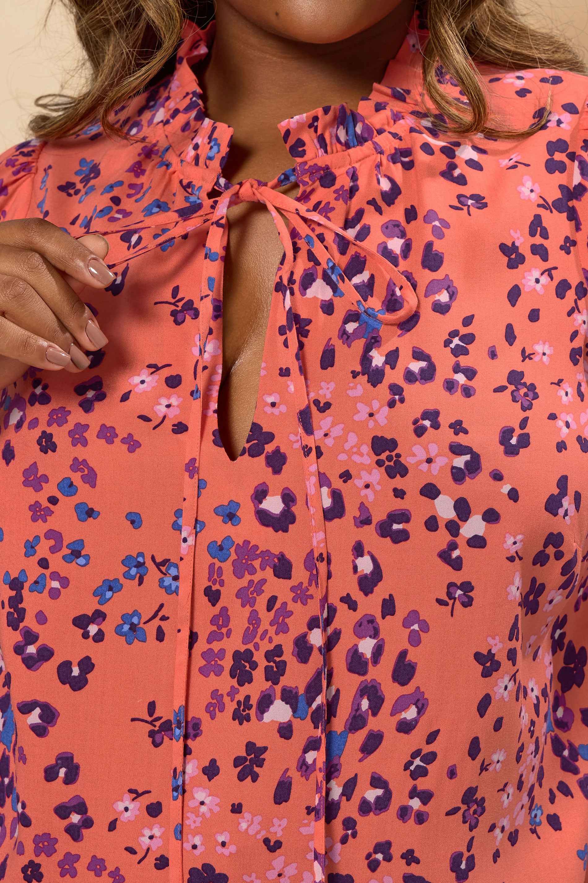 YOURS Plus Size Orange Floral Tie Neck Blouse | Yours Clothing 4