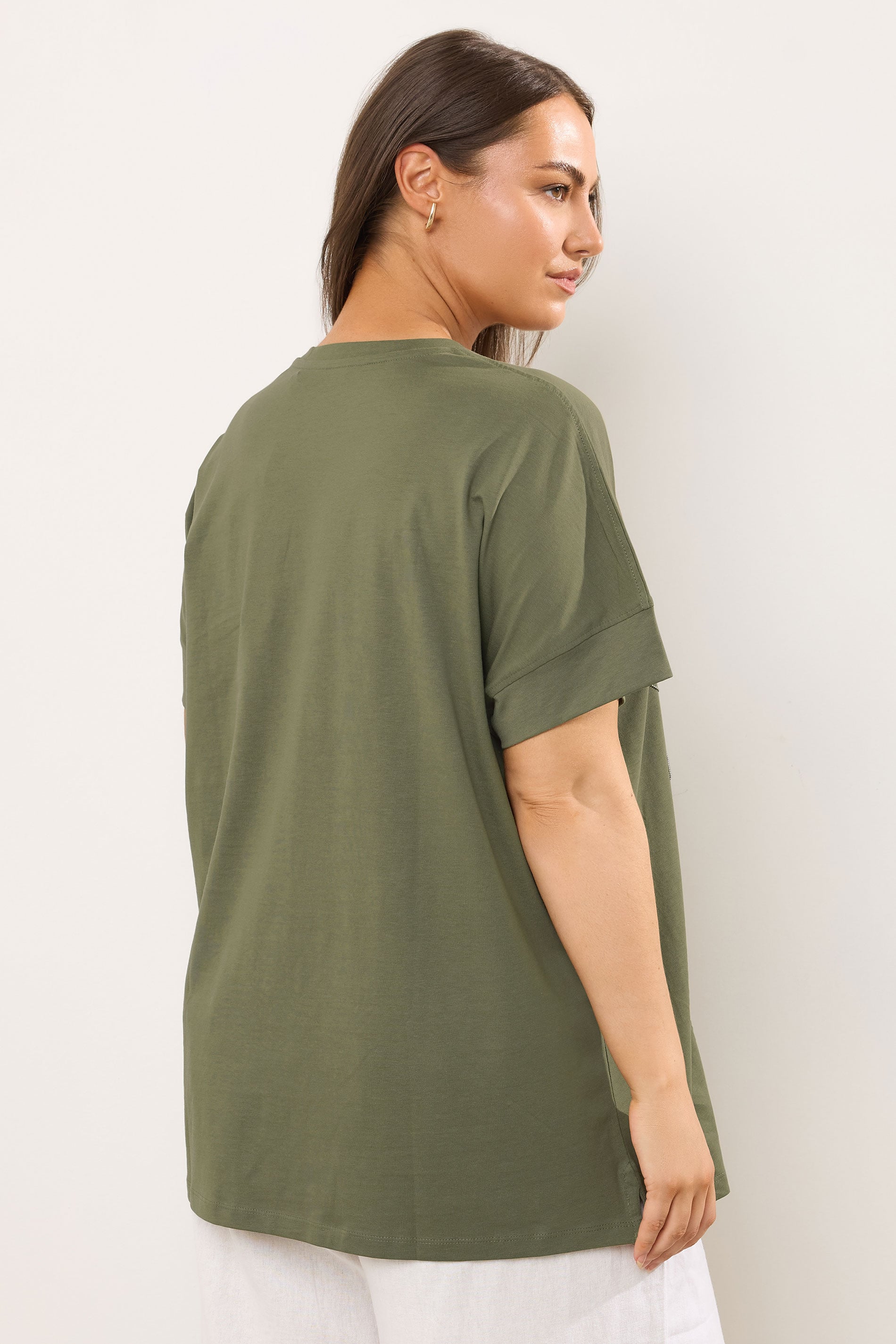 EVANS Plus Size Khaki Green Floral Chain Detail Cotton T-Shirt | Evans 2