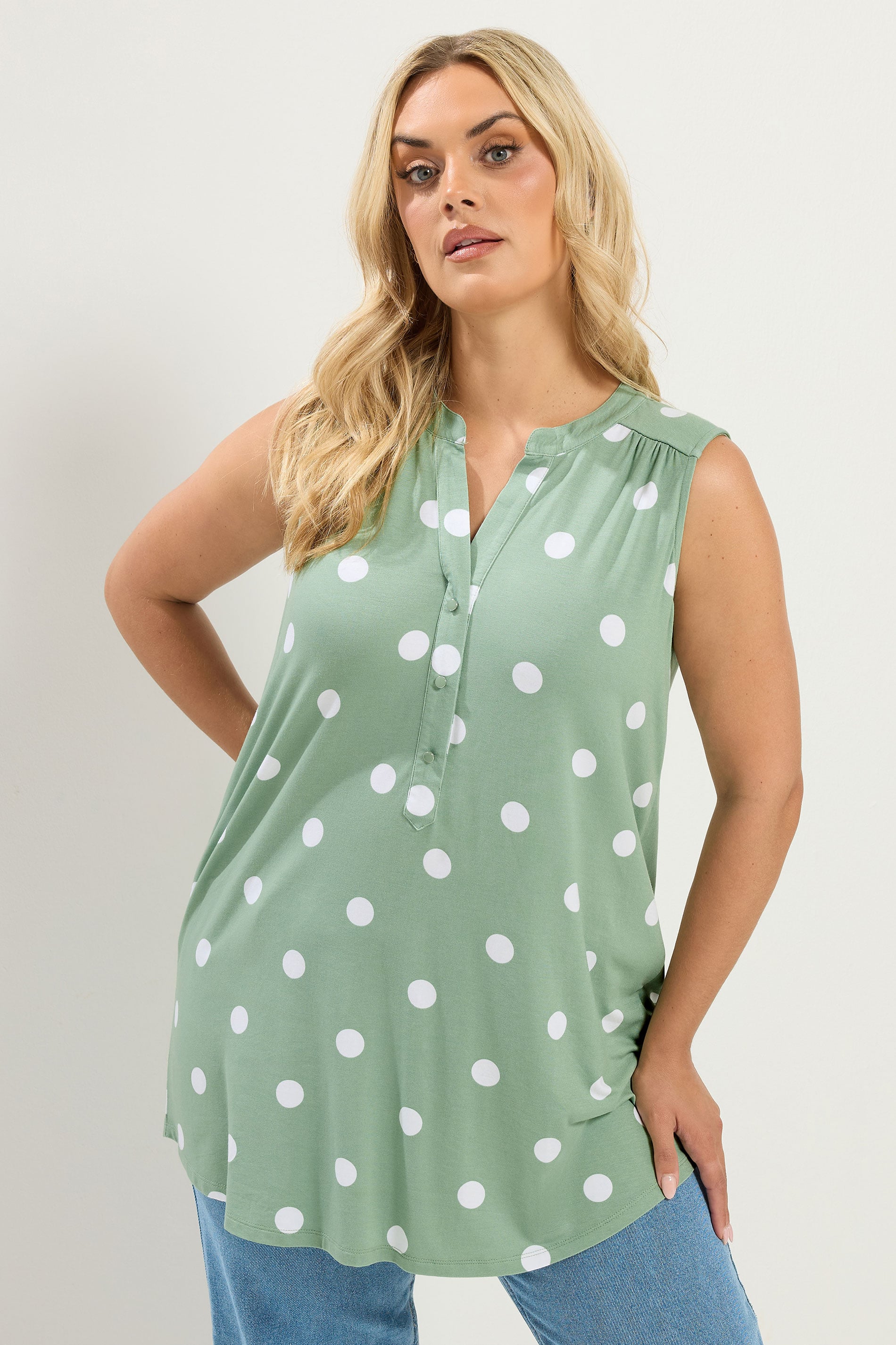 YOURS Plus Size Green Polka Dot Sleeveless Swing Blouse | Yours Clothing 3