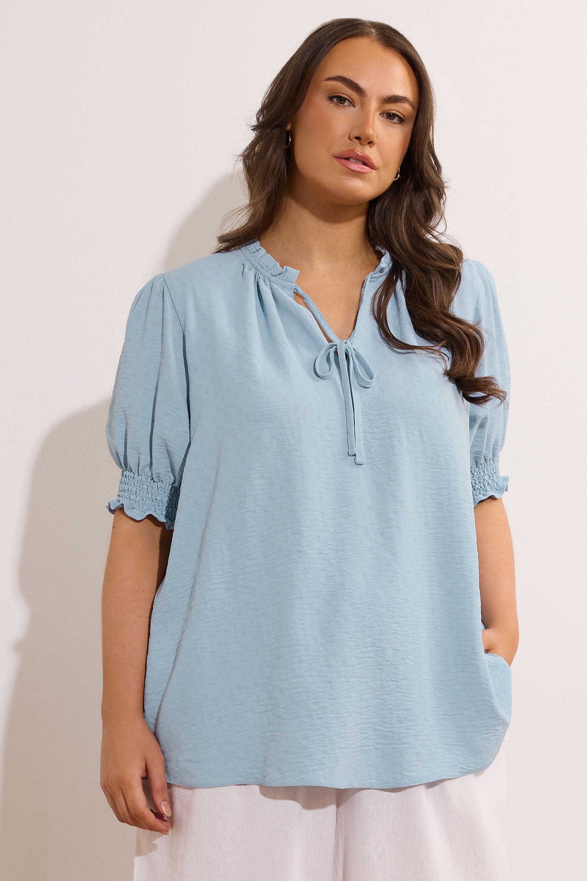 Evans Women's Blue Plus Light Frilled Tie Neck Blouse Size 26-28