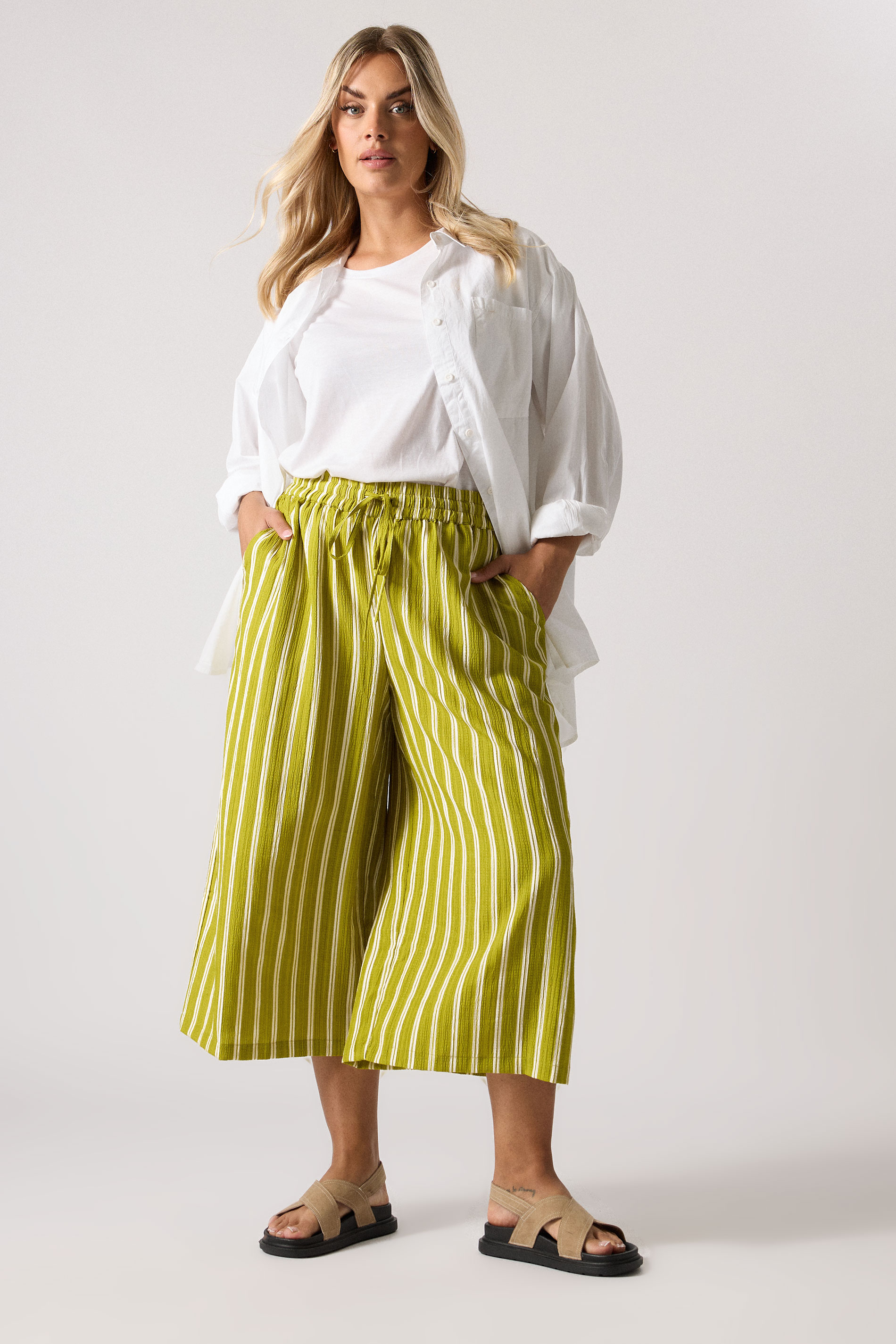 YOURS Plus Size Lime Green Stripe Midaxi Culottes | Yours Clothing 1
