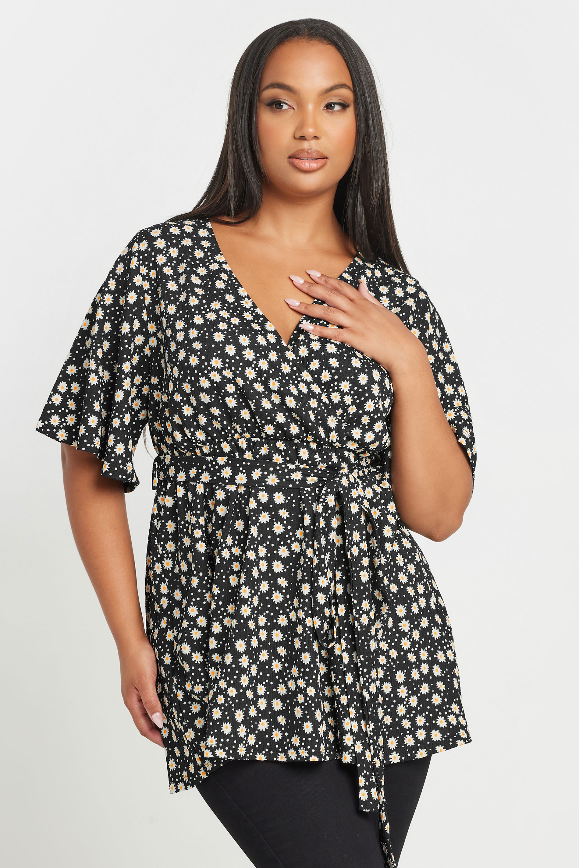 YOURS Plus Size Black Textured Floral Print Wrap Top | Yours Clothing 1