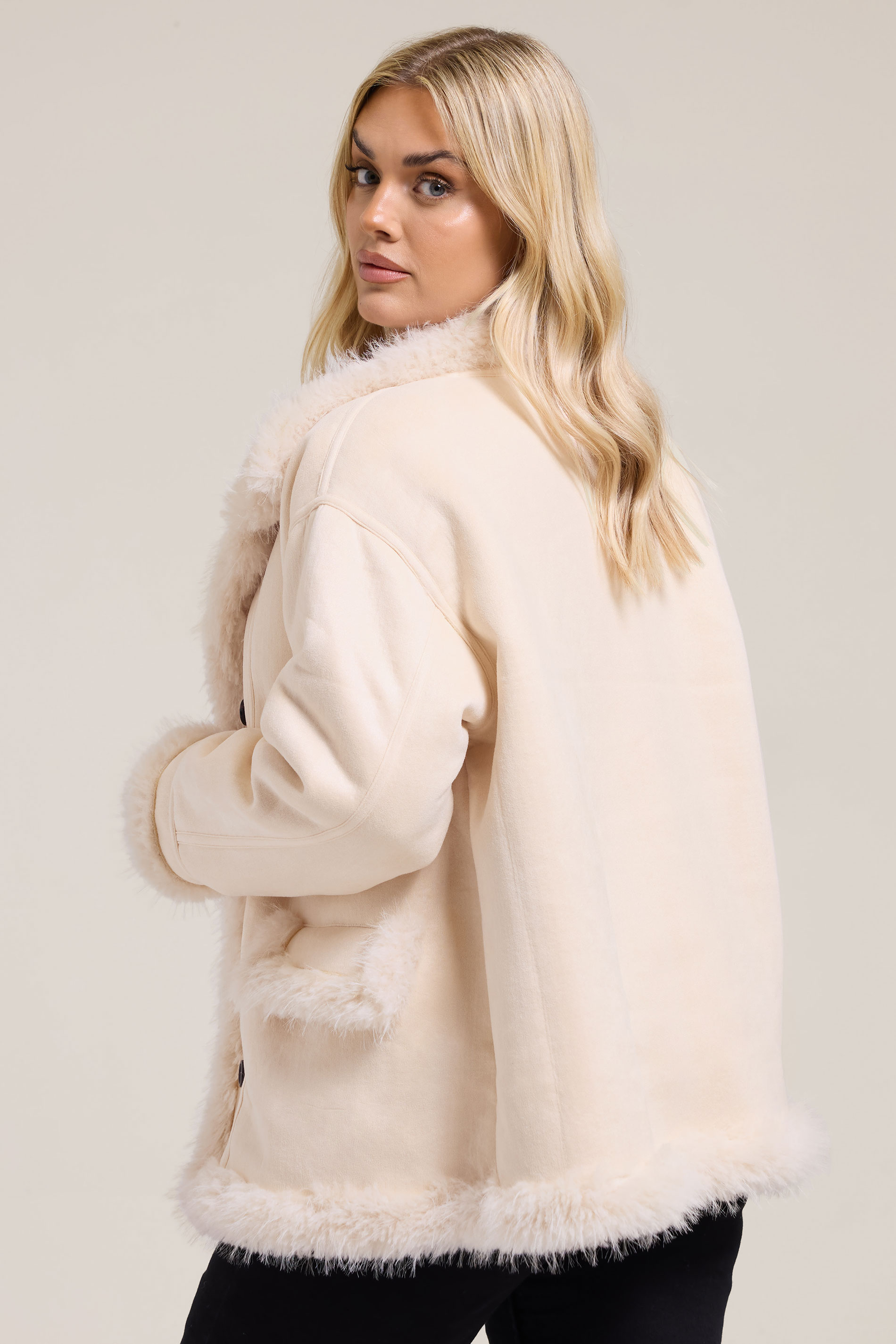 YOURS Plus Size Ivory White Shaggy Faux Fur Trim Coat | Yours Clothing 4