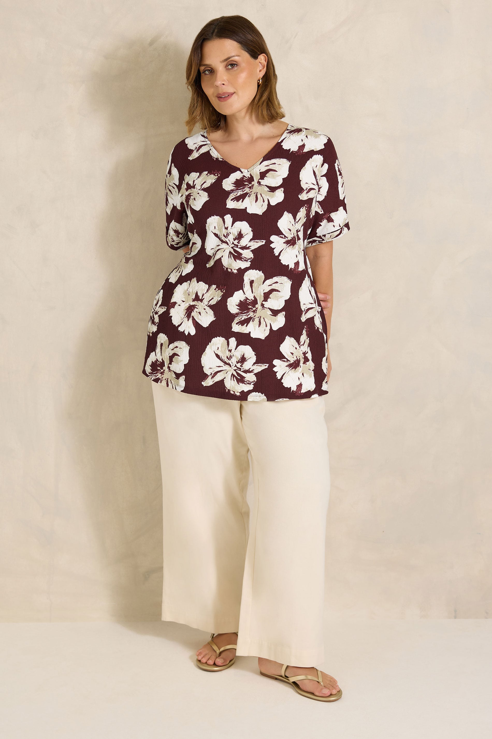 EVANS Curve Berry Red Floral V-Neck Top | Evans 1