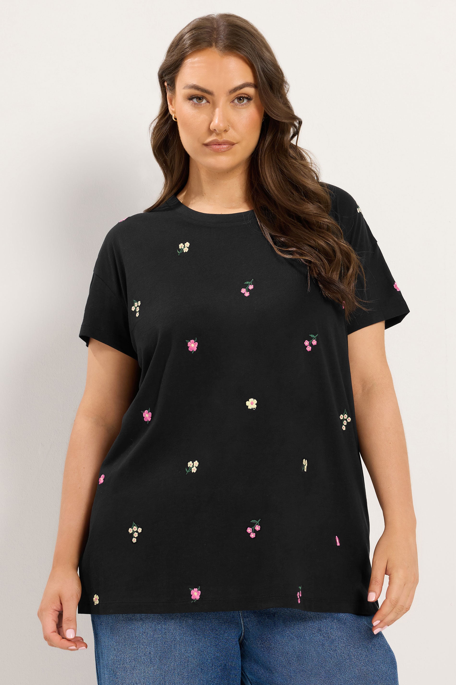 YOURS Plus Size Black Embroidery Blossom T-Shirt | Yours Clothing 3