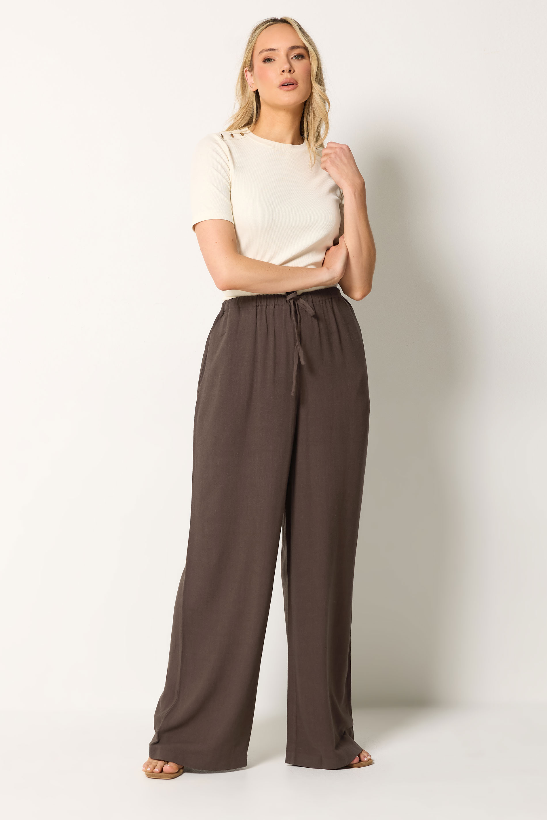 LTS Tall Women's Chocolate Brown Wide Leg Linen Trousers | Long Tall Sally 1