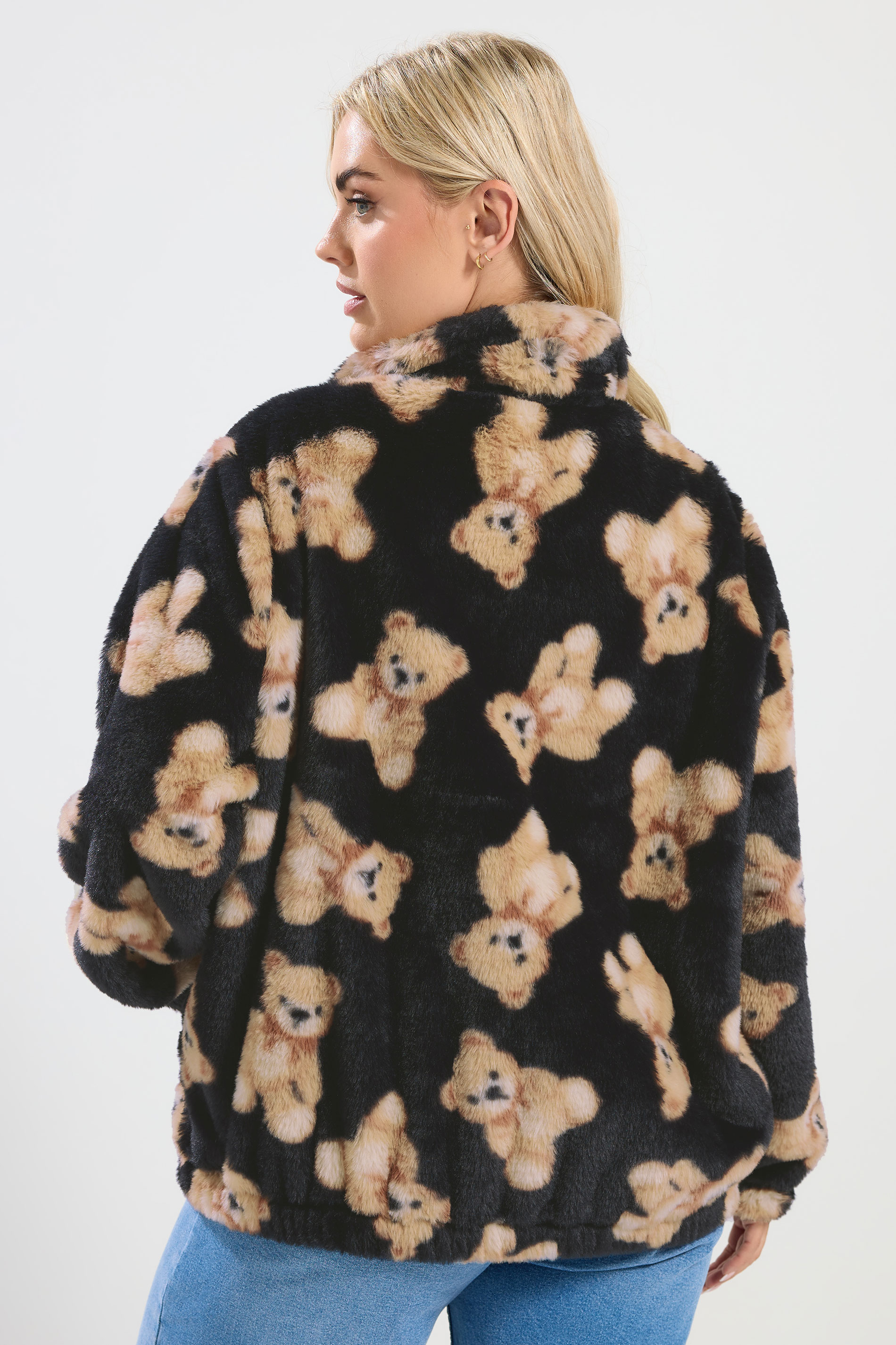 YOURS Plus Size Black Teddy Bear Faux Fur Fleece Jacket | Yours Clothing 2