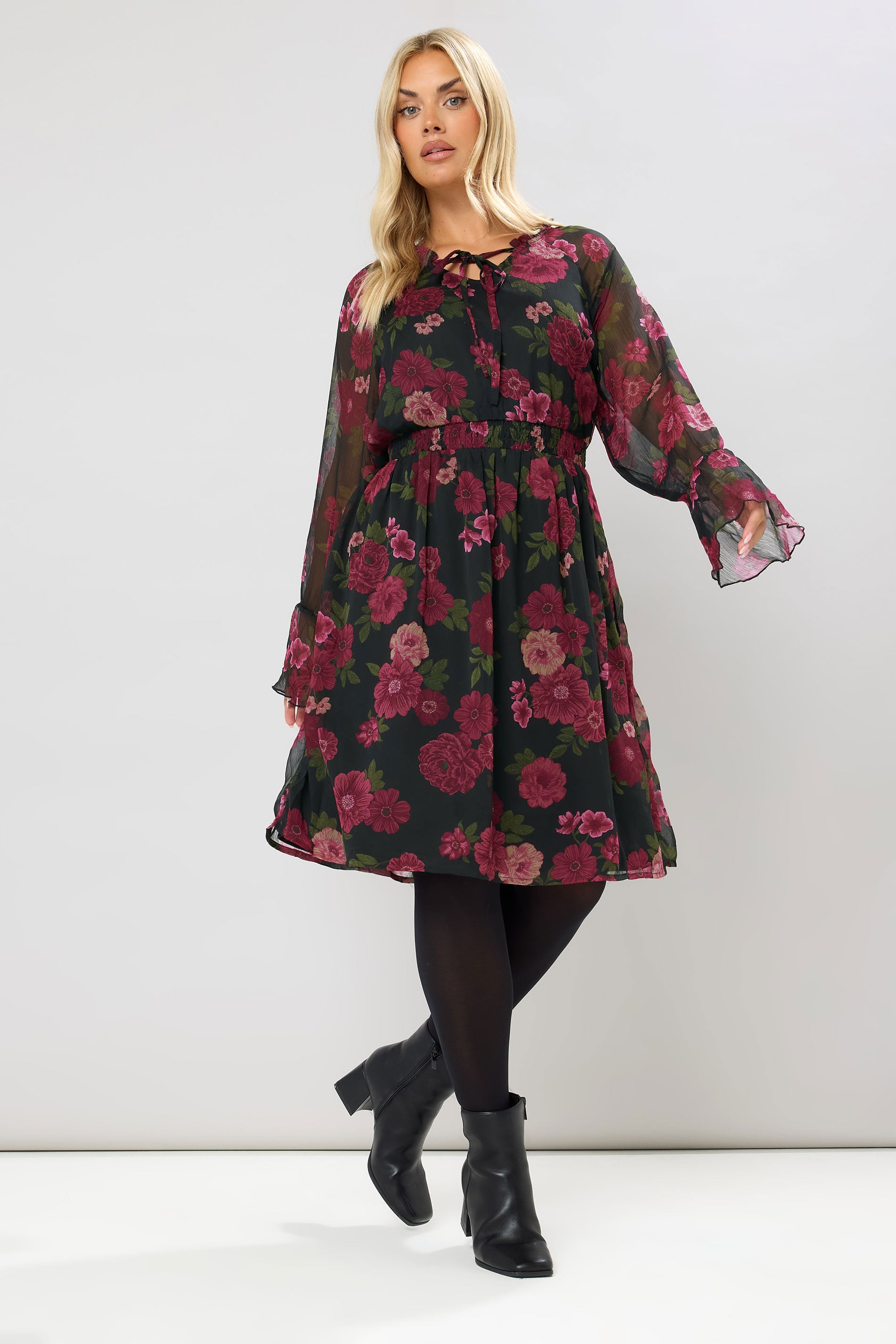YOURS Plus Size Black Floral Tie Neck Midi Dress | Yours Clothing 3