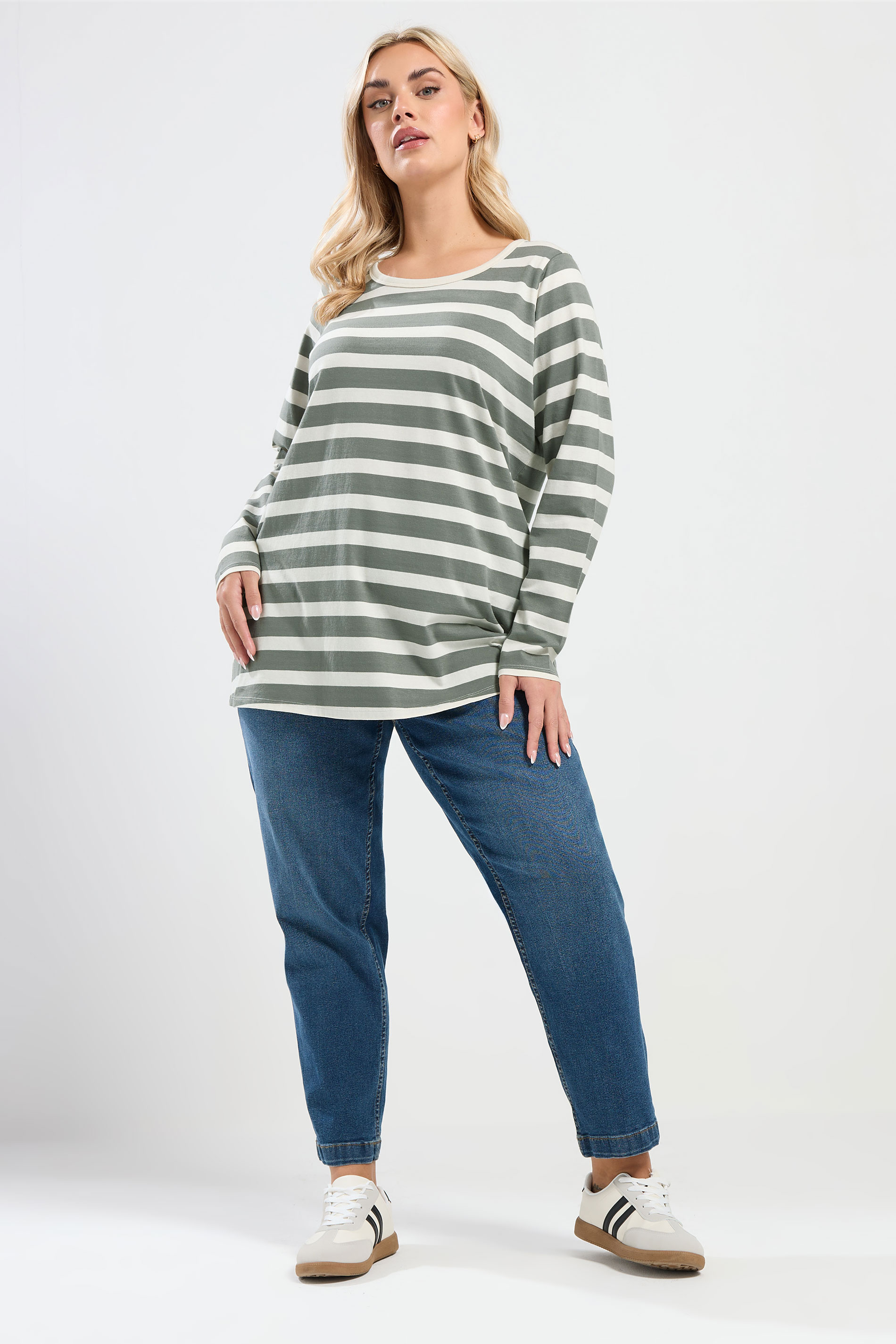 YOURS Plus Size Sage Green Stripe Long Sleeve T-Shirt | Yours Clothing 1
