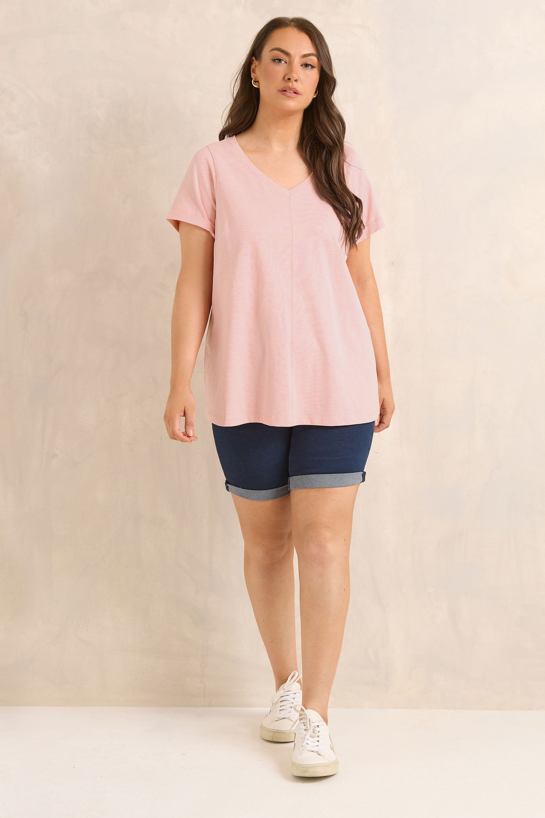 EVANS Plus Size Blush Pink V-Neck Cotton T-Shirt | Evans 1