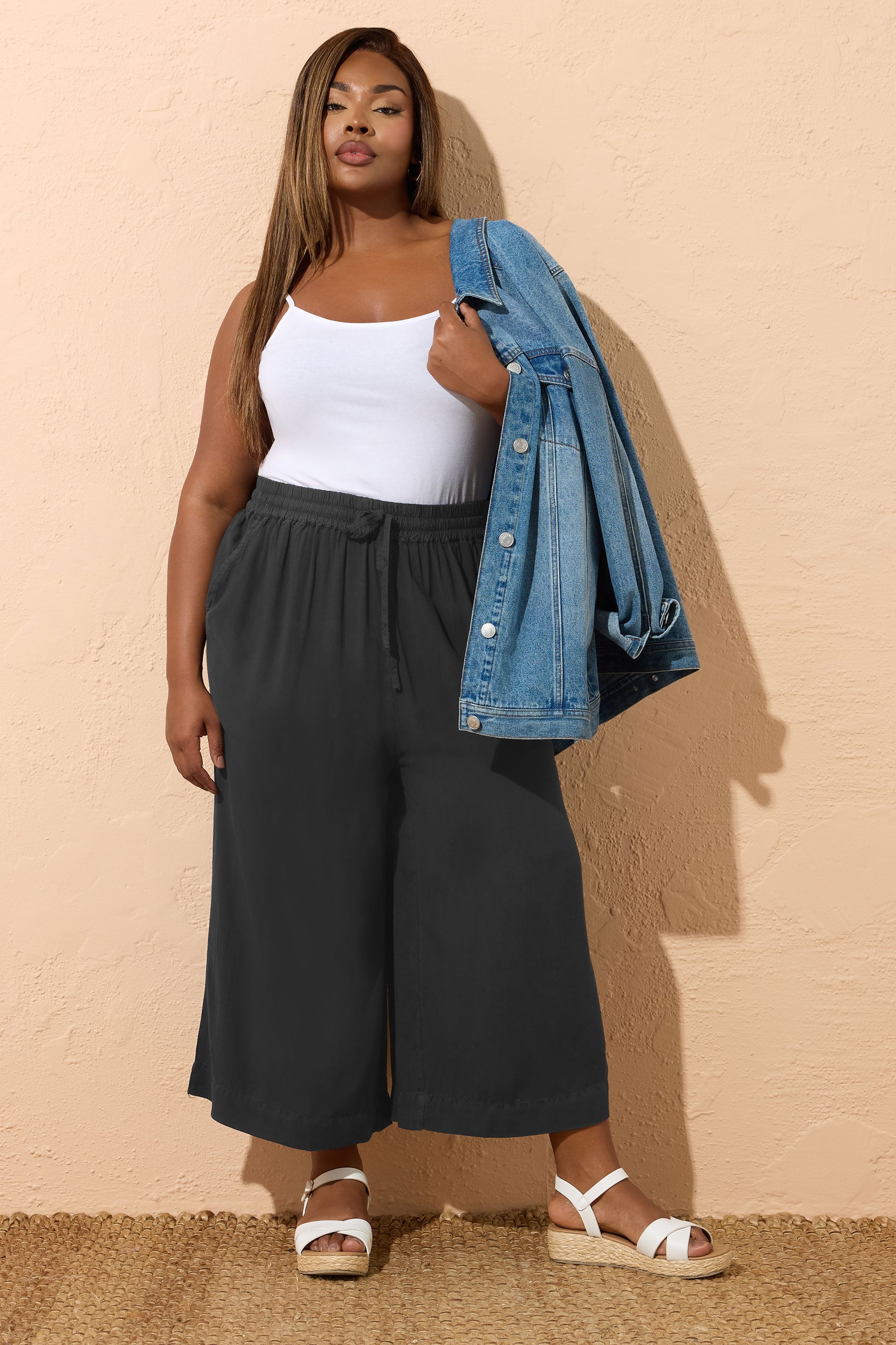 YOURS Plus Size Black Chambray Culottes | Yours Clothing 1