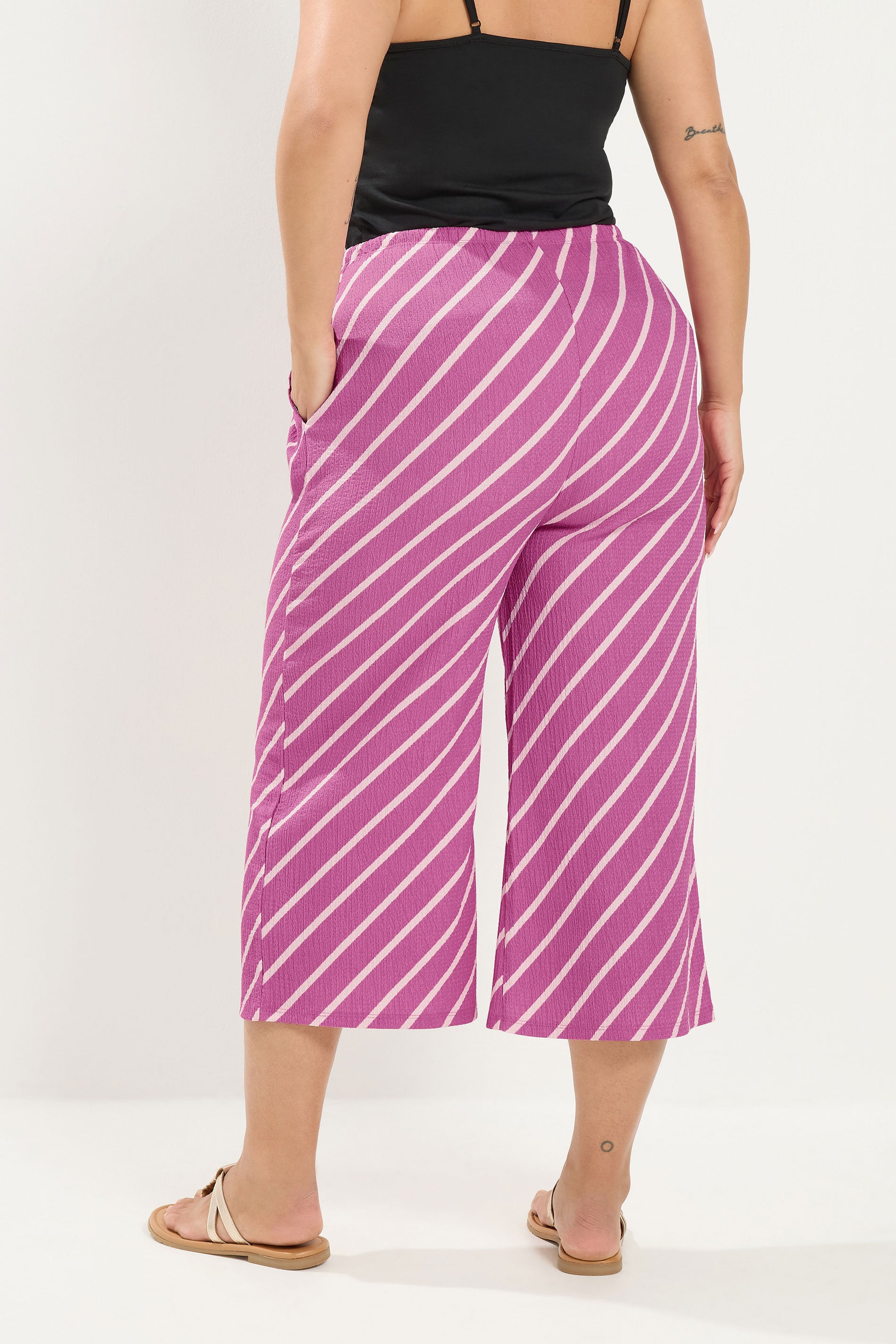 YOURS Plus Size Pink Striped Crinkle Culottes | Yours Clothing 2